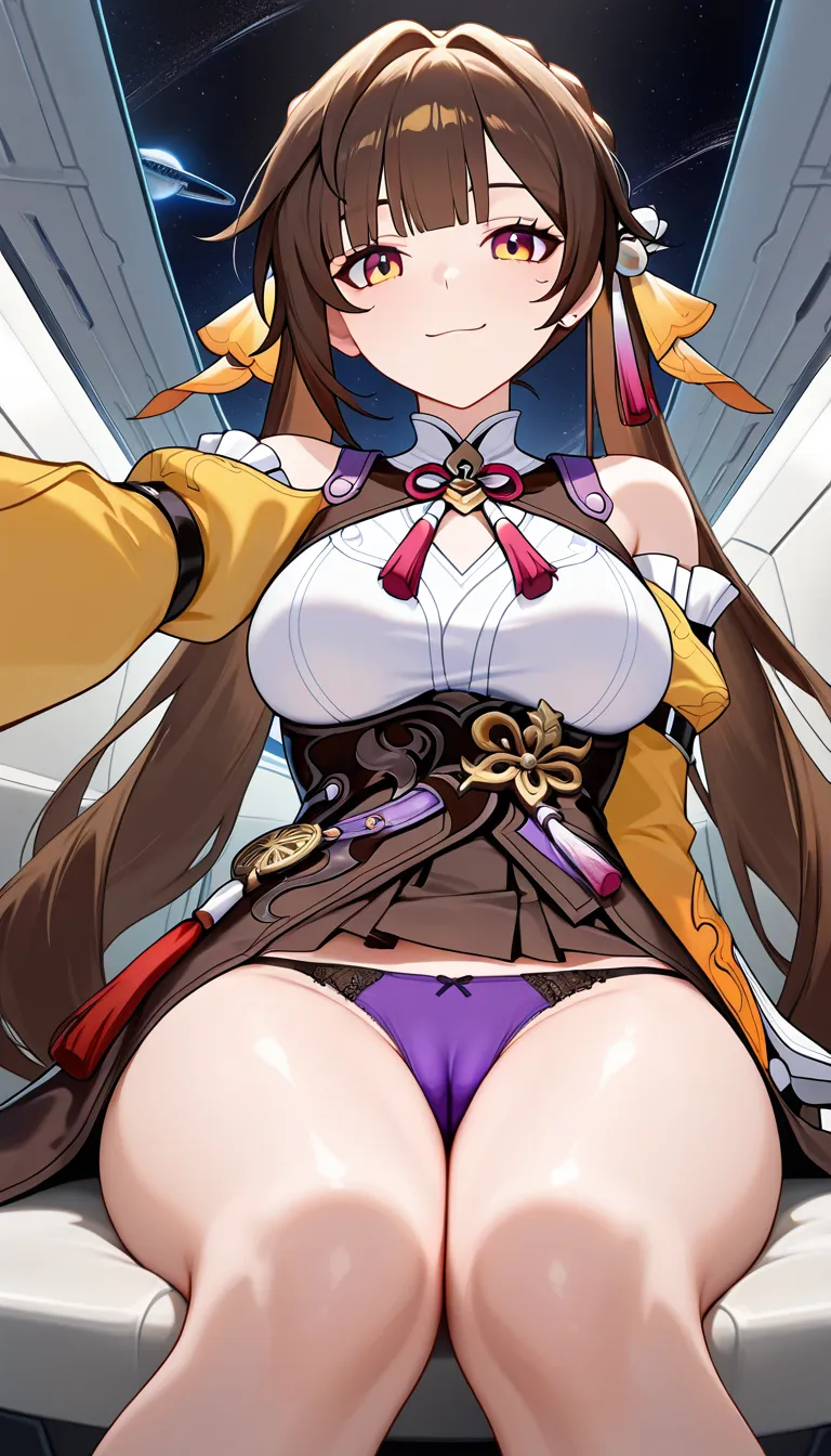 Masterpiece, honkai star rail, 1girl, Sushang, Cameltoe, Easy going smile, medium breasts, sitting, thighs together outfit, looking at viewer, panties, Space ship corridor.,,, value:0.1 for: hentai_studio_quality.,,, hentai_studio_quality, hentai_studio_quality, hentai_studio_quality, hentai_studio_quality, hentai_studio_quality, hentai_studio_quality, hentai_studio_quality, hentai_studio_quality