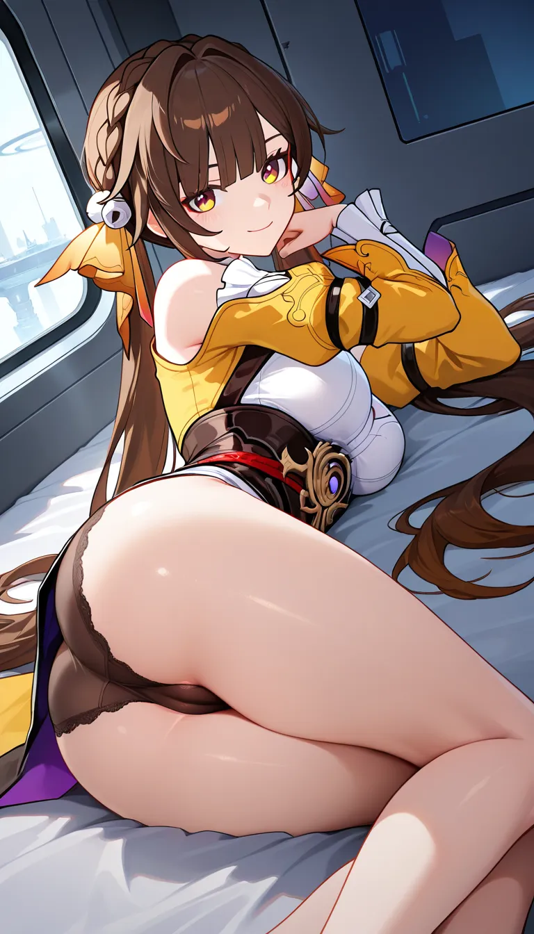 Masterpiece, honkai star rail, 1girl, Sushang, Easy going smile, medium breasts, beside ass, thighs together, medium butt, medium tits, lying on bed, Sideway pose, medium thighs, outfit, looking at viewer,  panties, cameltoe, Space ship corridor.,,, value:0.1 for: hentai_studio_quality.,,,, hentai_studio_quality