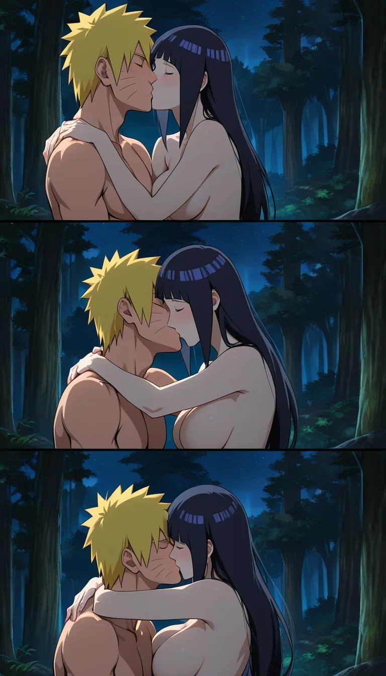 Naruto Uzumaki, @hyuuga_hinata, long_hair, nude, hug, Kiss, forest, night, hentai_studio_quality