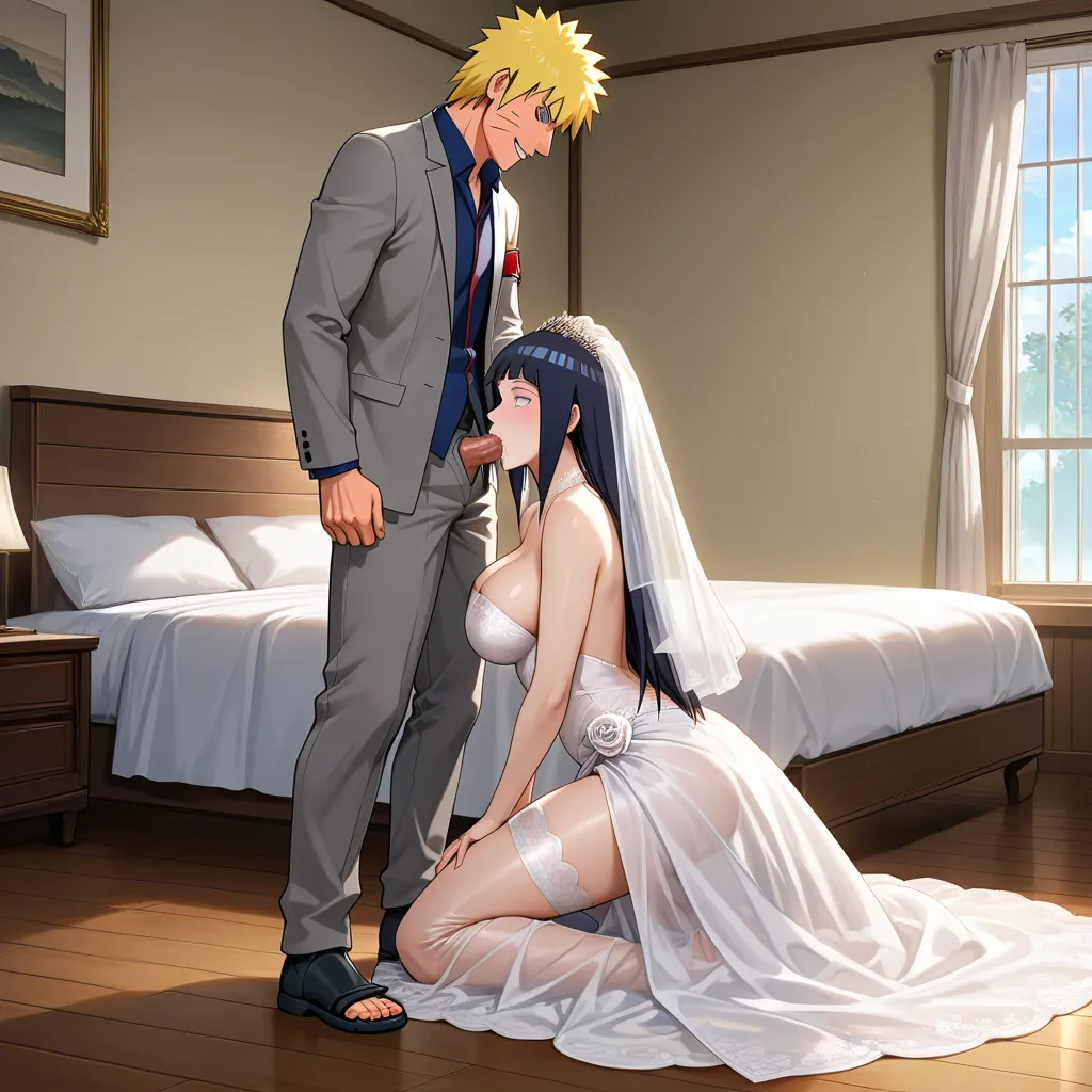Naruto Uzumaki, standing, evil_smile, @hyuuga_hinata, long_hair, wedding_dress, kneeling, fellatio, bedroom, hentai_studio_quality