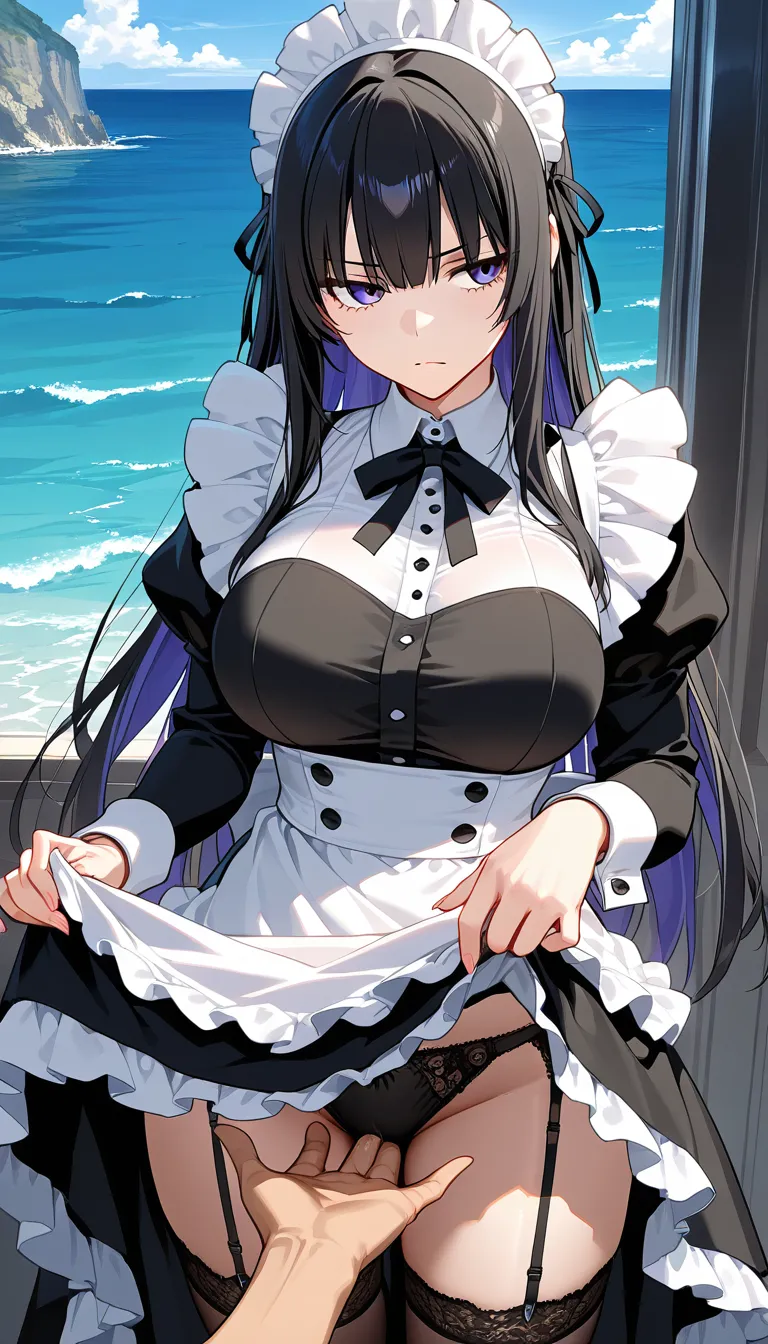 masterpiece, fine detail, maid, fingernails, ribbon, fingering, ocean, dominant stare, visual novel art