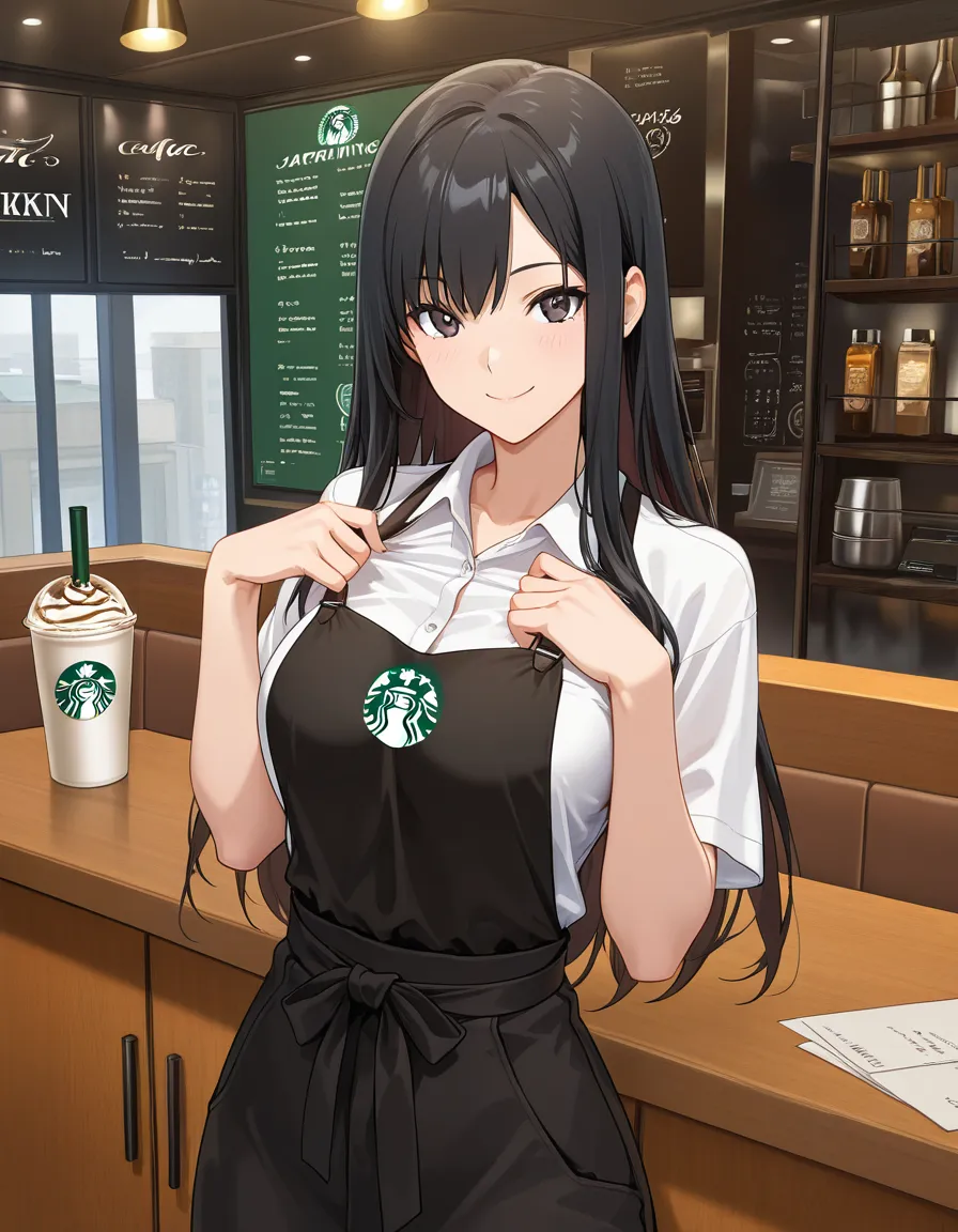 masterpiece, fine detail, 1girl, cute asian Girl, working in a Café like Starbucks, Long black hair, clothed, detailed shading, smile, undressing her outfit in the cafe, hentai_studio_quality