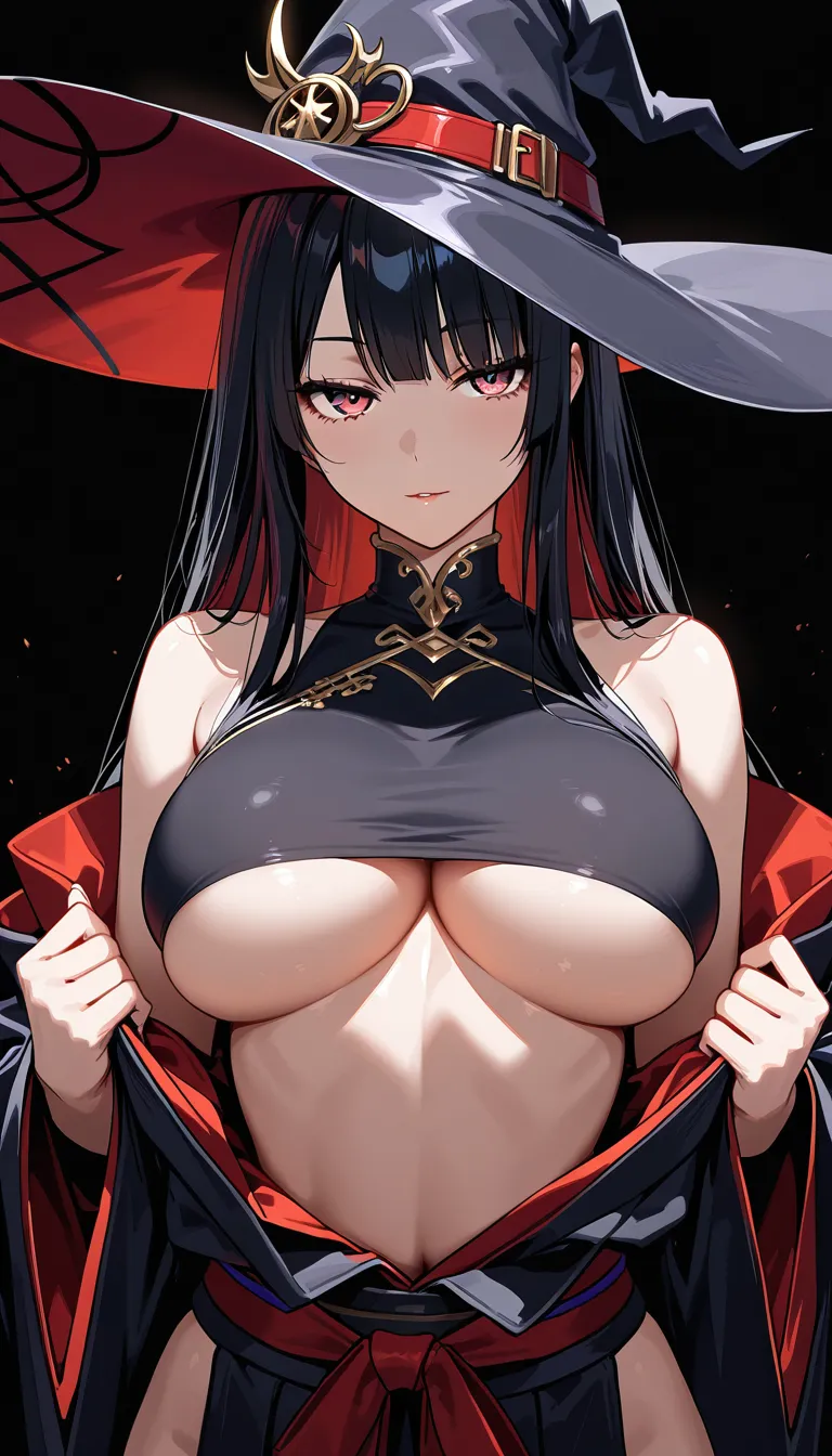 masterpiece, fine detail, witch, underboob, japanese clothes, undressing, black background, seductive look, eroge aesthetic
