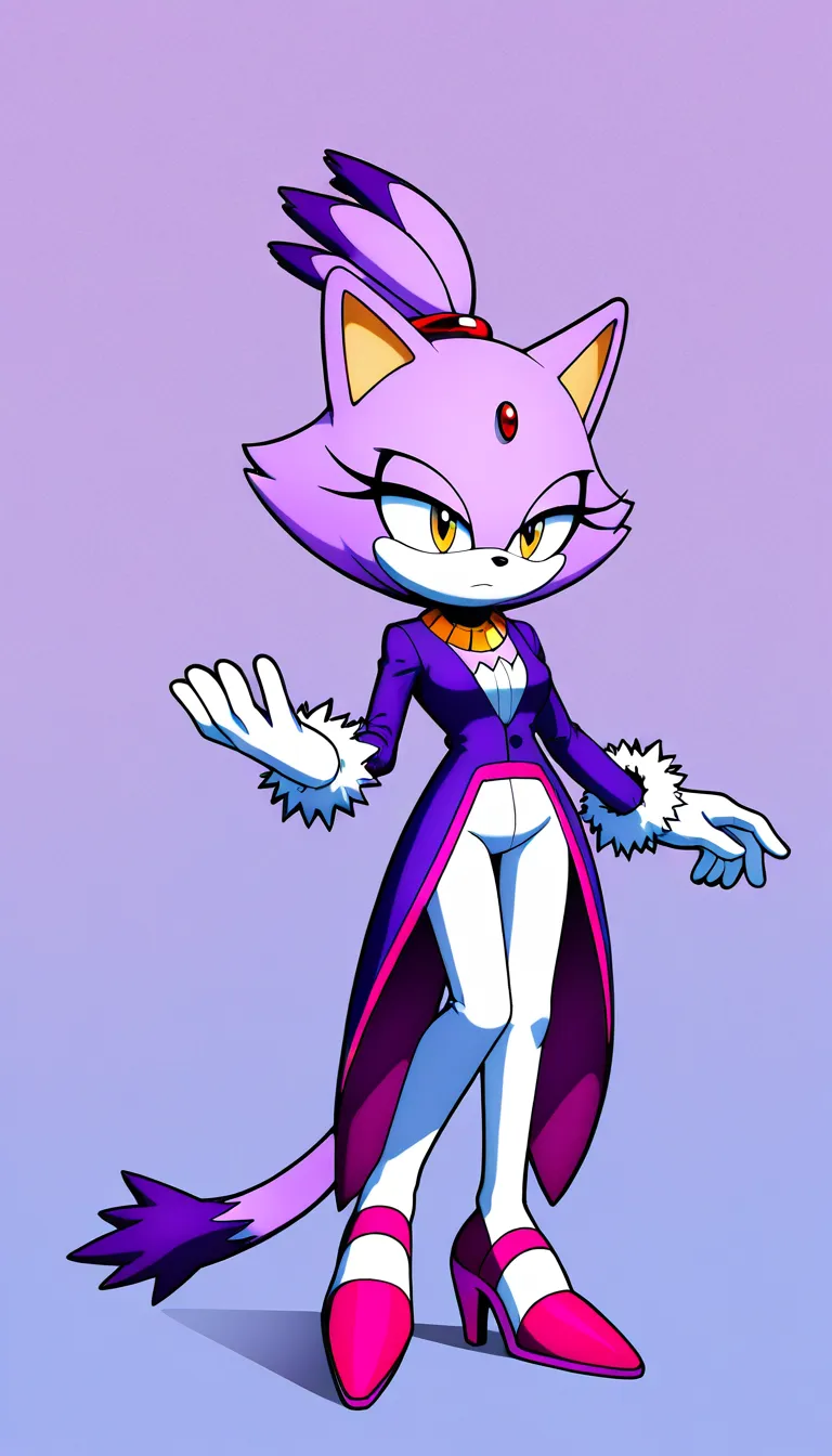 Blaze the Cat, mature female, purple fur, red jewel, a unbuttoned royal purple tailcoat with rose-pink trim, a gold neck collar, white leggings down, white gloves with fluffy white cuffs, and rose-pink high-heeled shoes with matching fluffy cuffs. (Style: Digital illustration, cell shading, semi-flat coloring, painted soft shadows, vibrant saturated colors, matte finish, clean thin lineart, 2D anime style, no glossy reflections, no rim lights). Confident smirk, half-lidded eyes, pussy, Breasts, nipples, Pov Sex, Pov Vaginal Sex, Pov Vaginal penetration, Pov Pale cock, Garden Background, high quality, masterpiece, hand-drawn look, 1, hentai_studio_quality, hentai_studio_quality, hentai_studio_quality