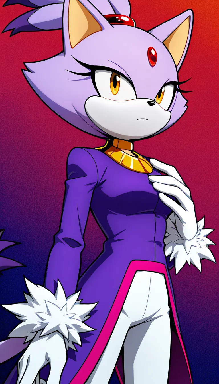 Blaze the Cat, mature female, purple fur, red jewel,  unbuttoned royal purple tailcoat with red-pink trim, a gold neck collar,  white gloves with fluffy white cuffs. (Style: Digital illustration, cell shading, semi-flat coloring, painted soft shadows, vibrant saturated colors, matte finish, clean thin lineart, 2D anime style, no glossy reflections, no rim lights). Confident smirk, half-lidded eyes, pussy, Breasts, nipples, Pov Sex, Pov Vaginal Sex, Pov Vaginal penetration, Pov Pale cock, Garden Background, high quality, masterpiece, hand-drawn look,, hentai_studio_quality, hentai_studio_quality