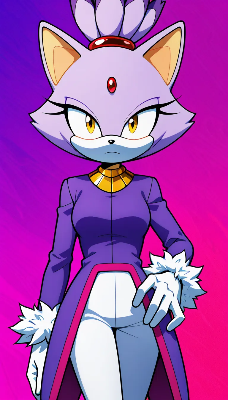 Blaze the Cat, mature female, purple fur, red jewel,  unbuttoned royal purple tailcoat with red-pink trim, a gold neck collar,  white gloves with fluffy white cuffs. (Style: Digital illustration, cell shading, semi-flat coloring, painted soft shadows, vibrant saturated colors, matte finish, clean thin lineart, 2D anime style, no glossy reflections, no rim lights). Confident smirk, half-lidded eyes, pussy, Breasts, nipples, Pov Sex, Pov Vaginal Sex, Pov Vaginal penetration, Pov Pale cock, Garden Background, high quality, masterpiece, hand-drawn look,, hentai_studio_quality, hentai_studio_quality, hentai_studio_quality, hentai_studio_quality