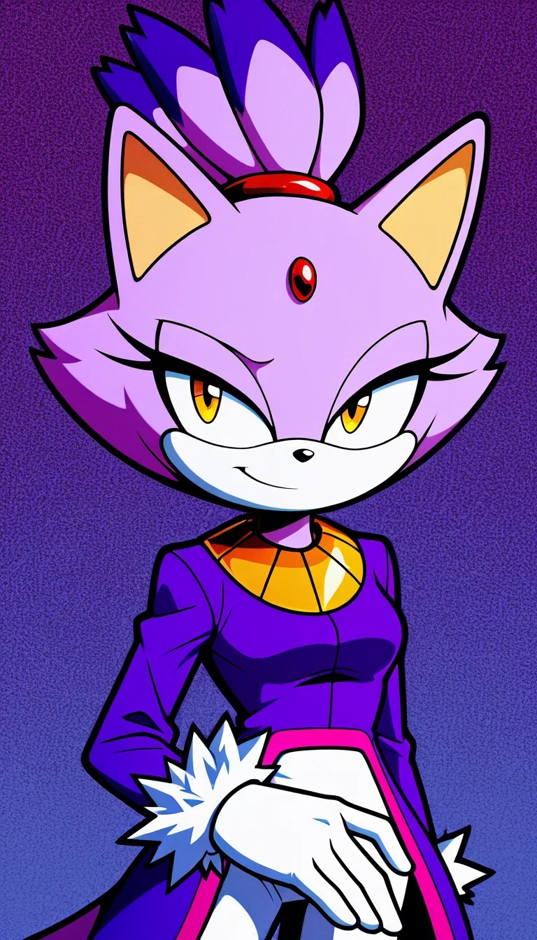 Blaze the Cat, mature female, purple fur, red jewel,   a gold neck collar,  white gloves with fluffy white cuffs. (Style: Digital illustration, cell shading, semi-flat coloring, painted soft shadows, vibrant saturated colors, matte finish, clean thin lineart, 2D anime style, no glossy reflections, no rim lights). Confident smirk, half-lidded eyes, pussy, Breasts, nipples, Pov Sex, Pov Vaginal Sex, Pov Vaginal penetration, Pov Pale cock, Garden Background, high quality, masterpiece, hand-drawn look,, hentai_studio_quality, hentai_studio_quality, hentai_studio_quality, hentai_studio_quality, hentai_studio_quality
