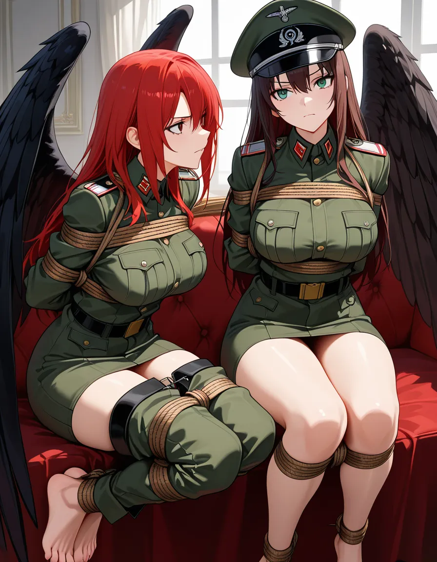 highly detailed, sharp, 2girls, toes, wings, bondage, military, relaxed mood, soft cel shading, hentai_studio_quality
