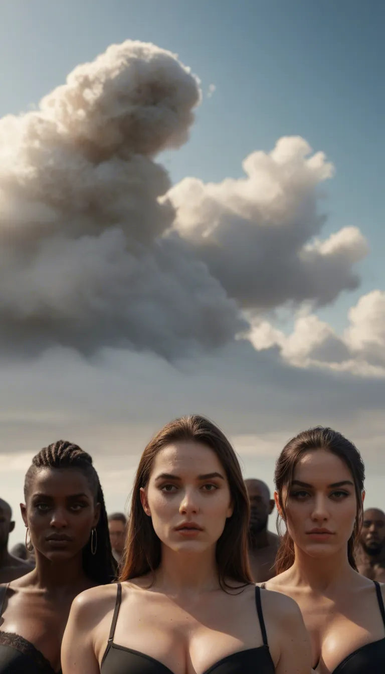 best quality, hyperrealistic, 4women, dark-skinned male, bow, arching back, cloudy sky, extreme close-up, studio lighting, cinematic realism