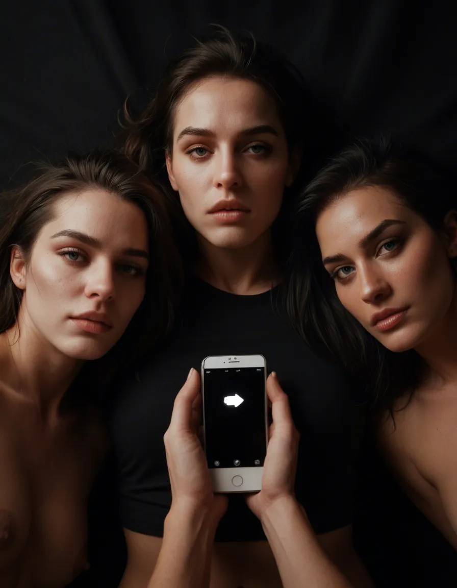 ultra HD, lifelike, 4women, missionary, hand on own hip, black background, playful expression, dslr quality, score_9, score_8, amateur photo, phone snapshot, realistic skin texture, skin blemishes, soft indoor lighting