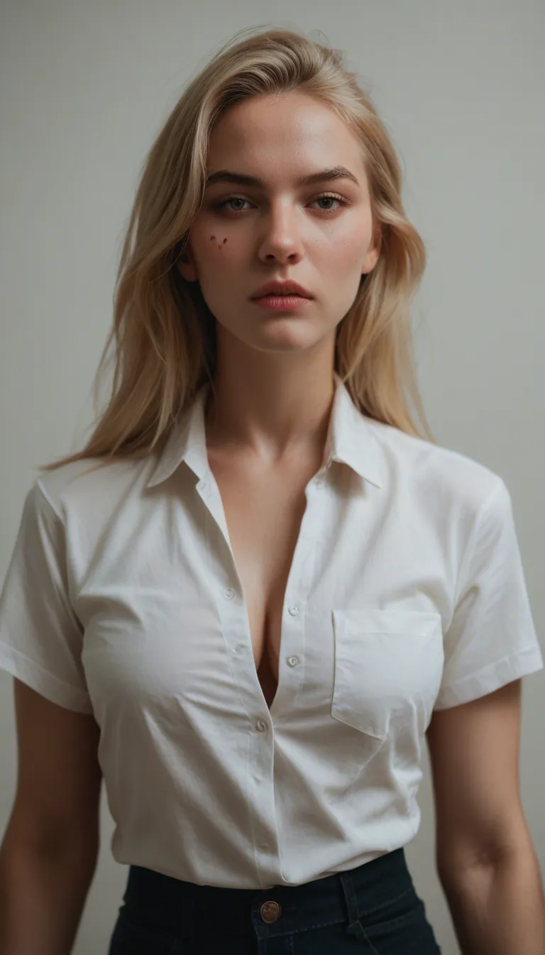 ultra HD, lifelike, blonde girl, with medium sized boobs and slim figure, white half sleeve shirt with top unbuttoned and her boobs popping out, micro mini black skirt, biting her lips, her hand taking my hand to her boobs and pressing them