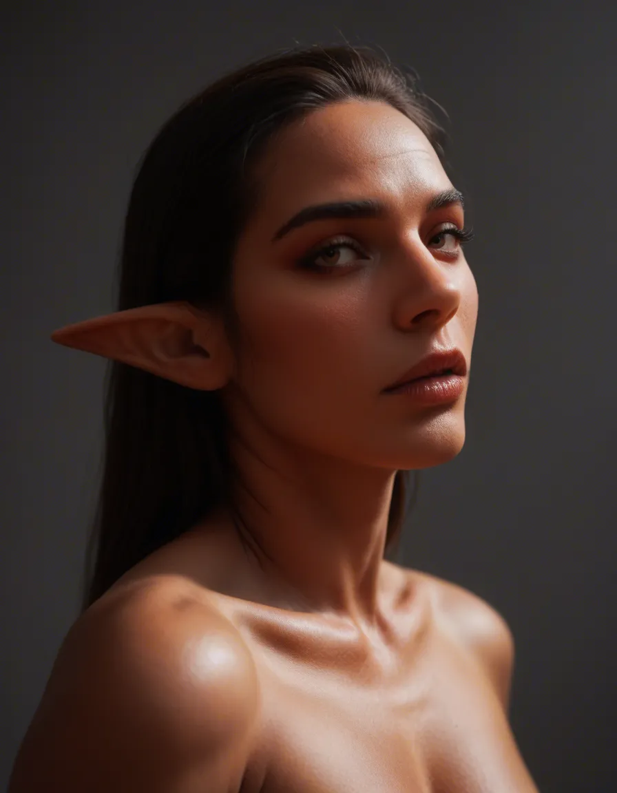8k, sharp focus, detailed skin, medium shot, demon woman, futanari, pointy ears, gradient background, submissive blush, studio photo, score_9, score_8, candid photo, realistic skin texture, visible skin pores, film grain, depth of field
