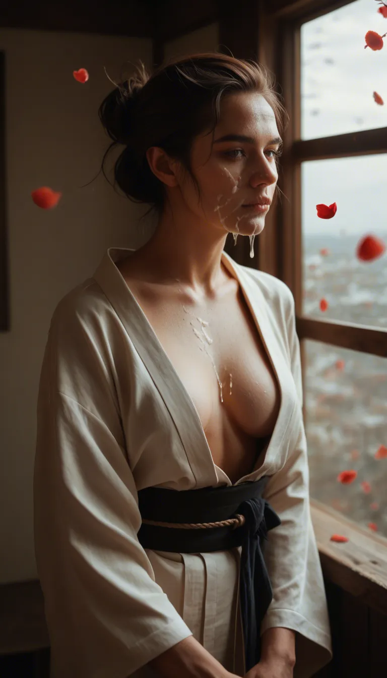 ultra HD, lifelike, japanese_clothes, cum on face, petals, cowboy shot, window light, dslr quality, bare chest