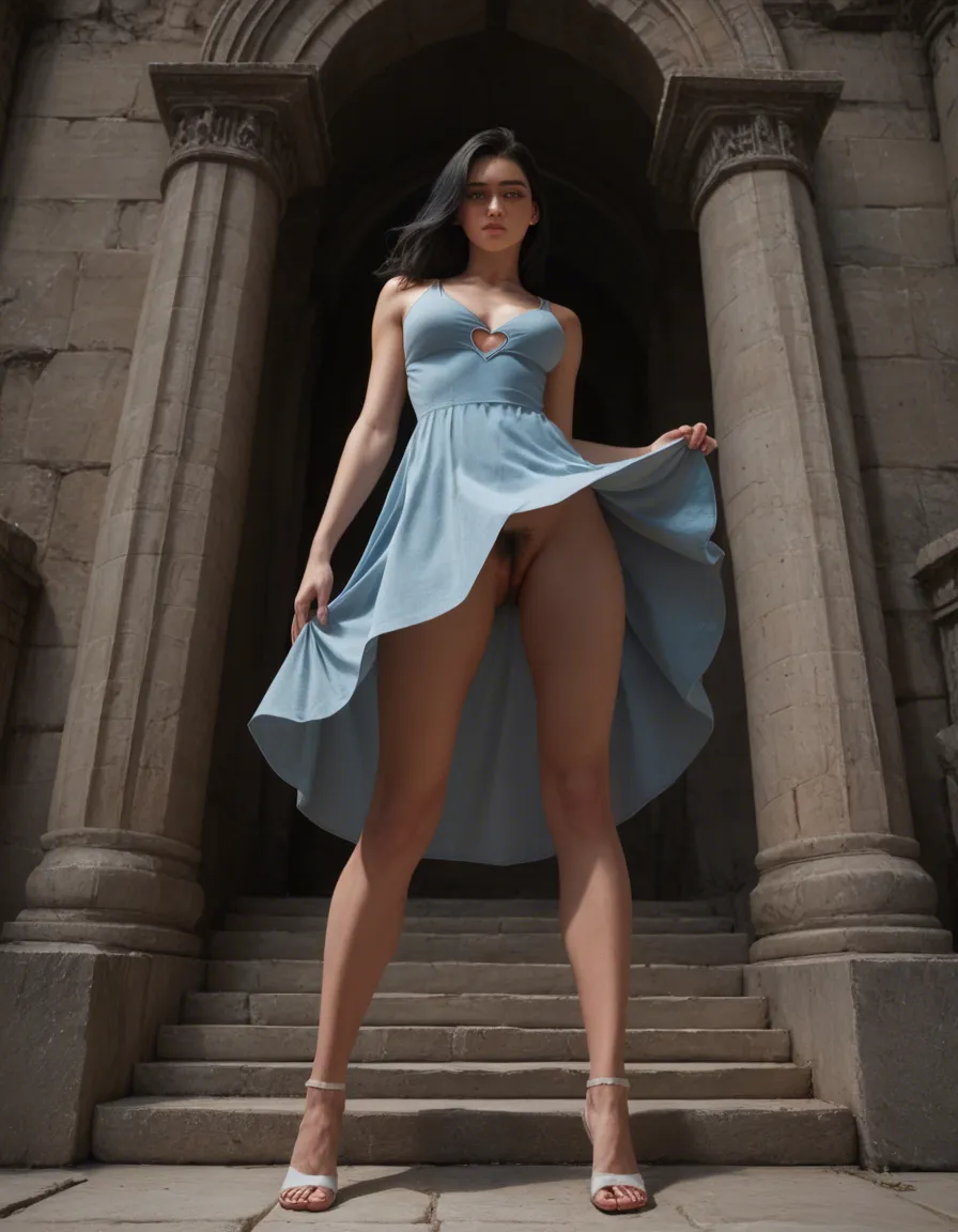 Slim woman long black hair, cute heart shaped face, blue eyes . Standing at top of stone steps with arch behind, lifting very short white summer dress, showing no panties and hairy vagina, female pubic hair , wind is lifting dress, upskirt, view from below, full length view, erect nipples and medium rounded breasts, blouse, one hand on breast,, score_9, score_8, candid photo, realistic skin texture, visible skin pores, film grain, depth of field