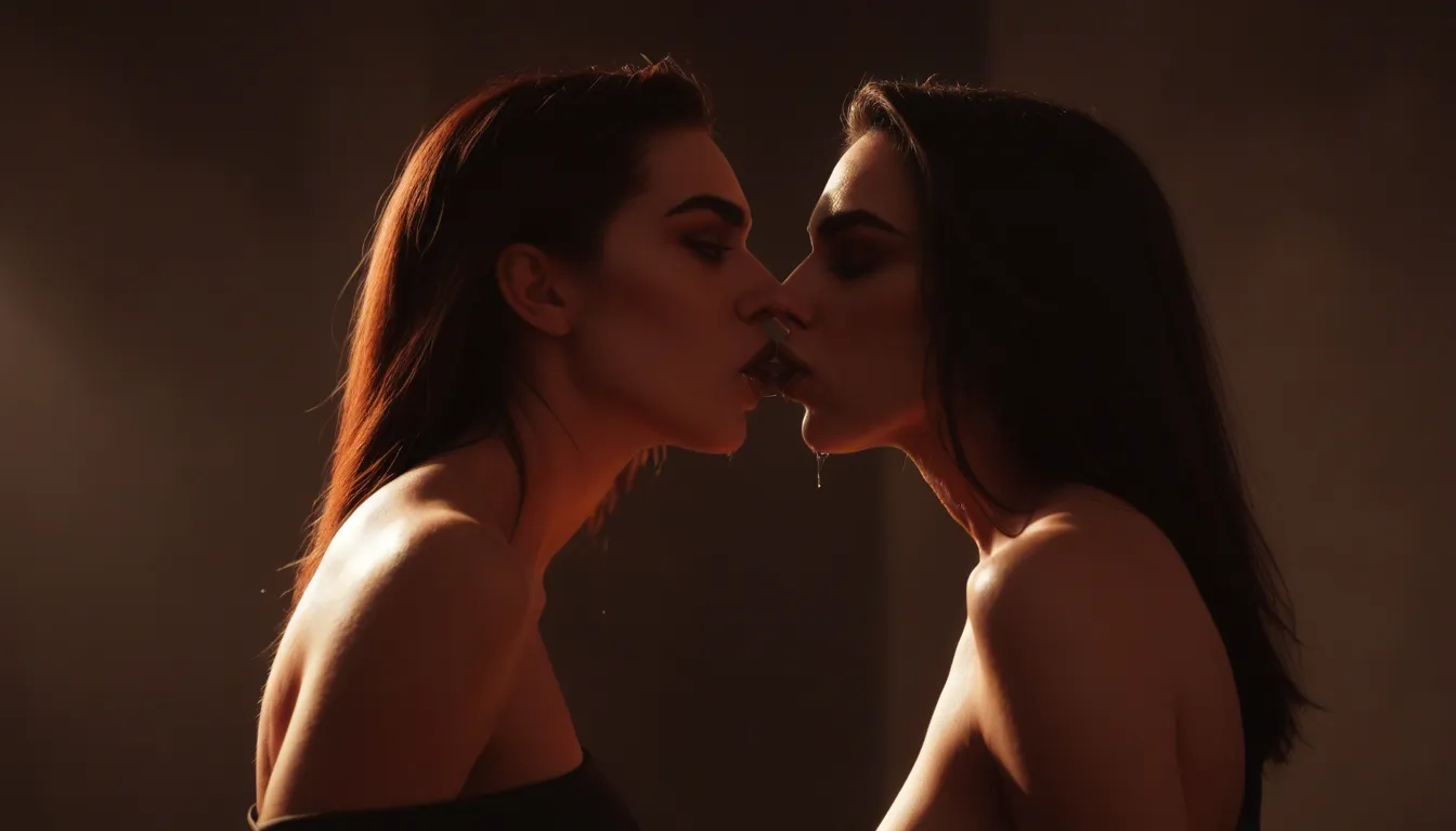 8k, realistic 2women demon_woman red_hair green_hair imminent_kiss pussy_juice bdsm, score_9, score_8, cinematic film still, anamorphic, film grain, dramatic lighting, shallow depth of field