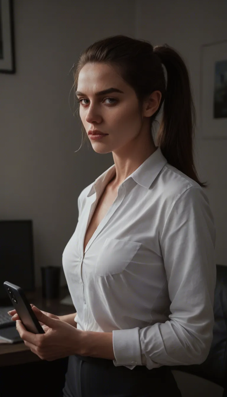dslr, film grain, photorealistic, office lady, ponytail, white shirt, grinding, film photography
