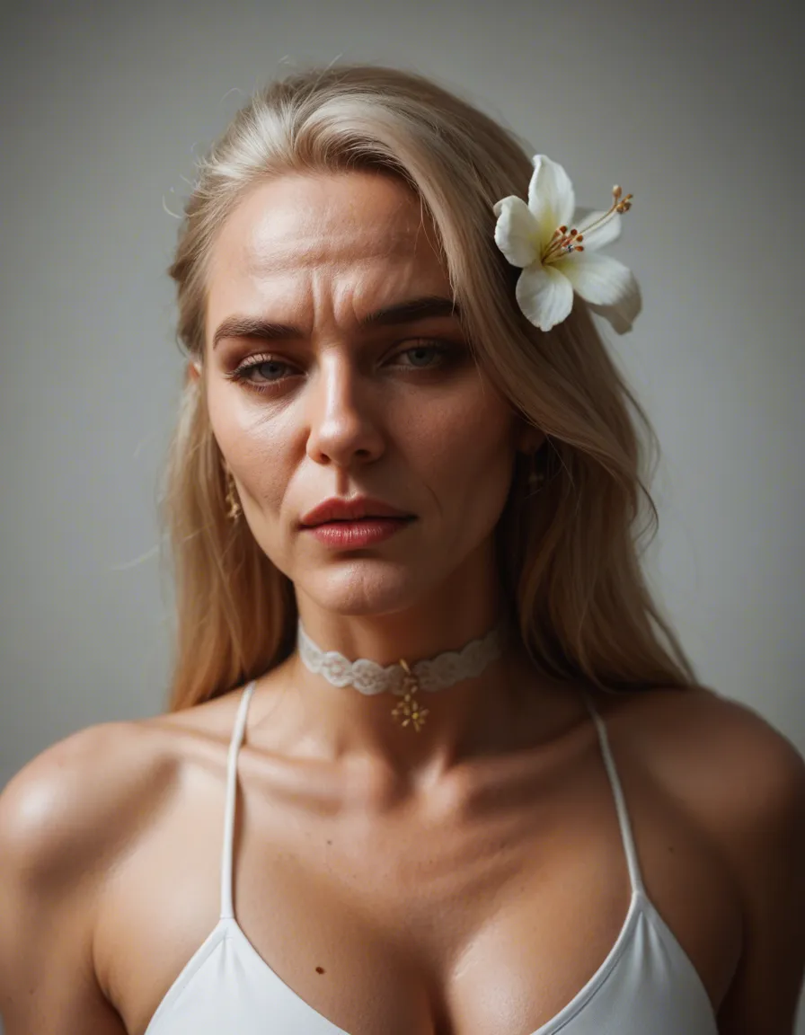sharp focus, 8k uhd, 18year old lady, hair flower, choker, bwc, cinematic realism, score_9, score_8, candid photo, realistic skin texture, visible skin pores, film grain, depth of field