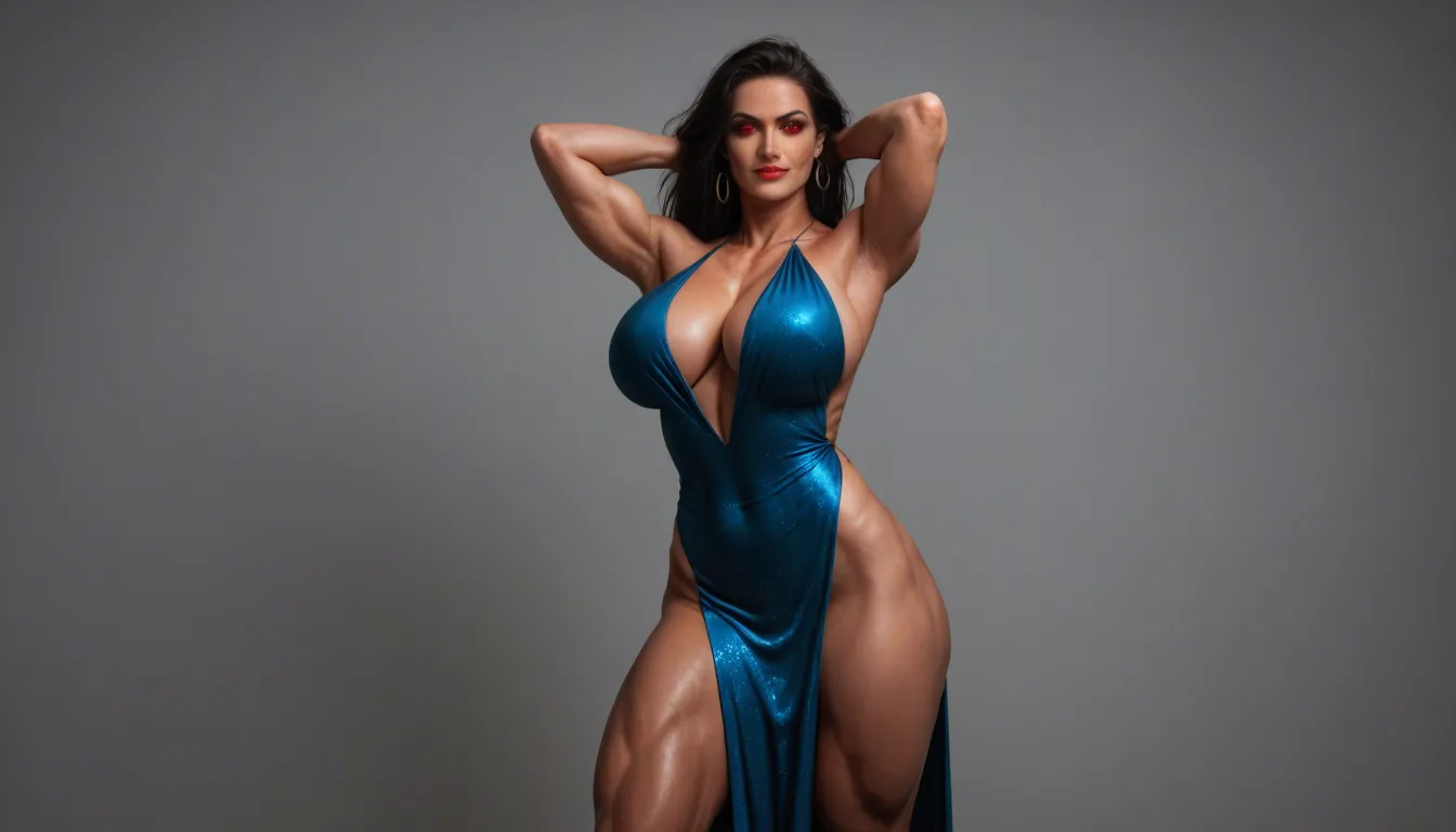 busty muscular woman huge breasts red evening dress black snakes as hair arching back hands behind head stand with one legs apart, almond red eyes evil smile big blue shoulder tattoos blue arm and forearm tattoos, fog dark castle