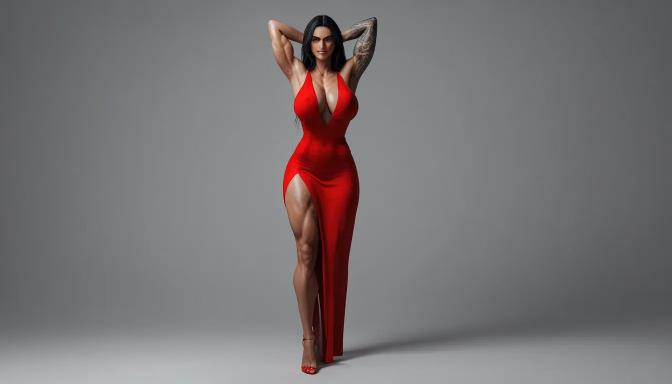 busty muscular woman huge breasts red evening dress black snakes as hair arching back hands behind head stand with one legs apart, almond red eyes evil smile big blue shoulder tattoos blue arm and forearm tattoos, fog dark castle