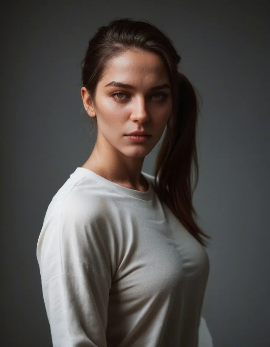 best quality, hyperrealistic, solo focus, side ponytail, long sleeves, futanari, natural skin texture, score_9, score_8, candid photo, realistic skin texture, visible skin pores, film grain, depth of field