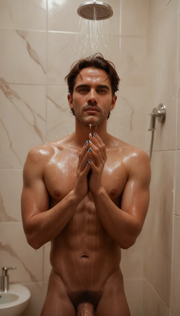 best quality, hyperrealistic, male focus, nail polish, frills, showering, cum on face, dutch angle, cinematic realism