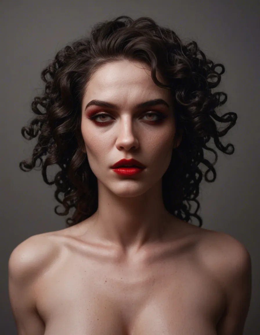 An extraordinarily beautiful adult female vampire, hauntingly elegant and seductive, porcelain-pale luminous skin, long thick raven-black curly hair swept into a loose messy bun, wild soft curls and delicate tendrils framing her face, striking Eastern European Slavic features, sculpted high cheekbones, refined aristocratic bone structure, mesmerizing intense eyes, full soft pouty lips, subtle vampire fangs barely visible, wearing a sensual fitted black gothic evening dress with luxurious velvet and lace details, graceful feminine silhouette, mysterious confident expression, dark romantic atmosphere, candlelit ancient European gothic mansion, moonlight filtering through towering windows, deep shadows, cinematic chiaroscuro lighting, ethereal mist, gothic luxury, sophisticated vampire aesthetic, photorealistic skin texture, editorial fashion photography, 85mm portrait lens, shallow depth of field, dramatic composition, extremely detailed, hauntingly beautiful, dark fantasy realism --ar 2:3 --stylize 400, score_9, score_8, candid photo, realistic skin texture, visible skin pores, film grain, depth of field