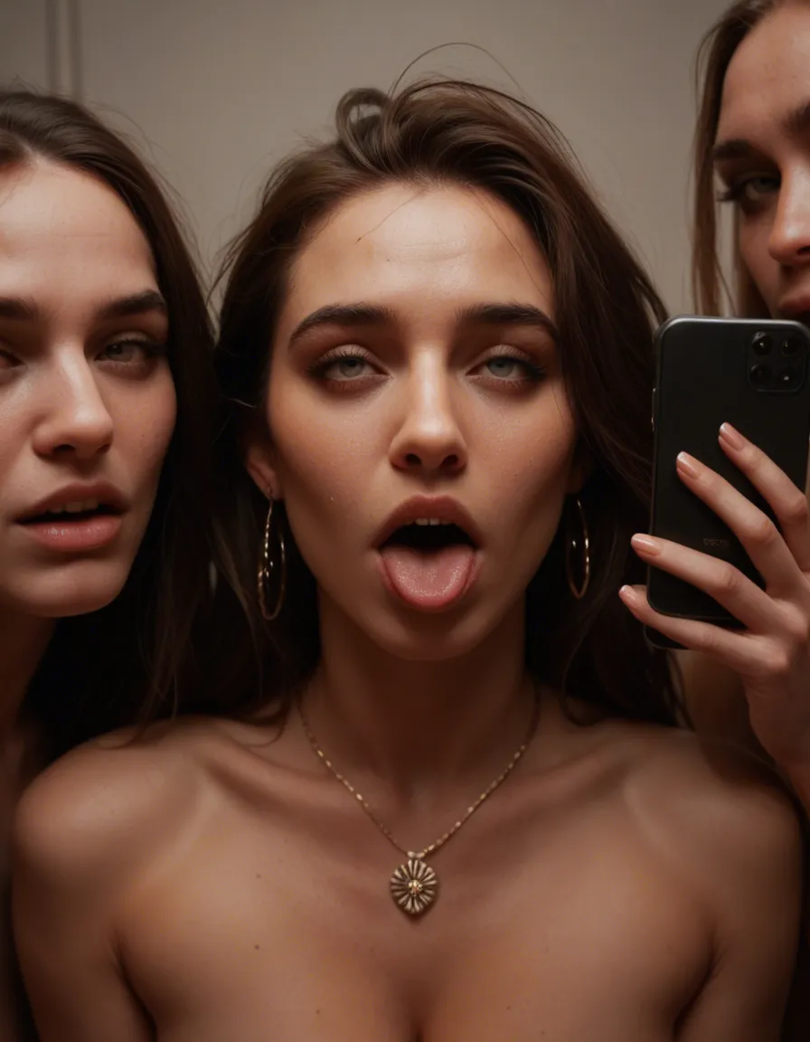 studio quality, sharp focus, 3women, ahoge, jewelry, ahegao, film photography, score_9, score_8, amateur photo, phone snapshot, realistic skin texture, skin blemishes, soft indoor lighting