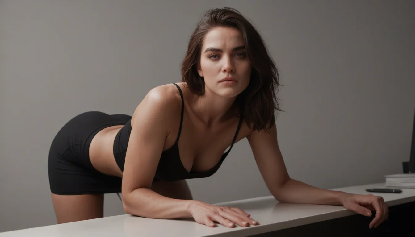 8k, sharp focus, detailed skin, brunette woman, collarbone, office wear, on all fours, grey background, film photography, score_9, score_8, candid photo, realistic skin texture, visible skin pores, film grain, depth of field