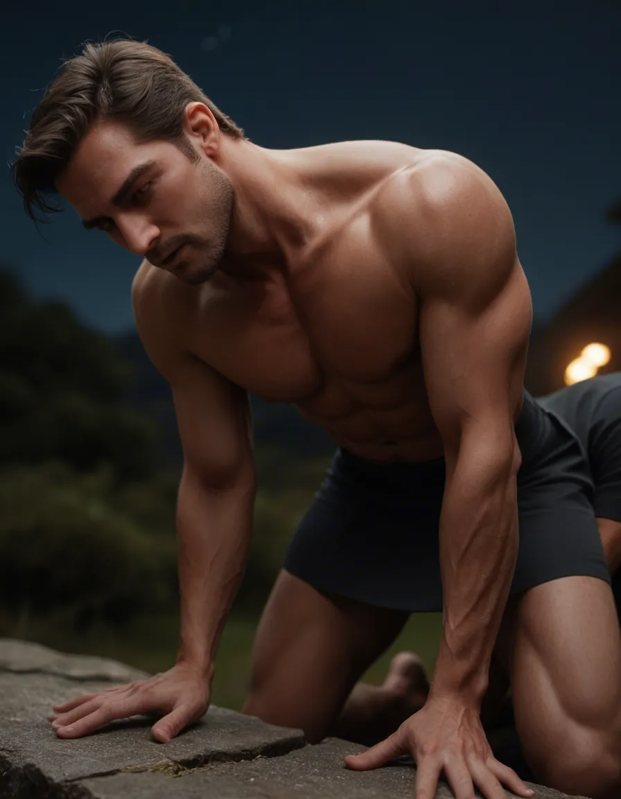 cinematic photo, 8k, male focus, muscular, skirt, doggy style, night, lifelike render, score_9, score_8, candid photo, realistic skin texture, visible skin pores, film grain, depth of field