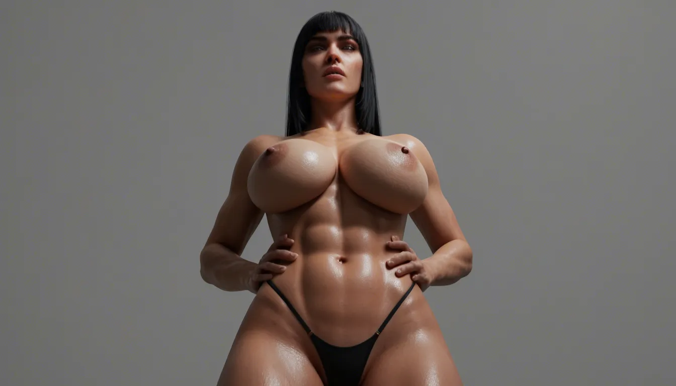 view from side below busty athletic woman huge naked breasts standing in front of small weak man pressing face in breasts grabbing waist, shiny black micro thong long black hair fringe hairstyle high ponytail almond red eyes evil laugh, big blue shoulder tattoos blue arm and forearm tattoos, dark castle