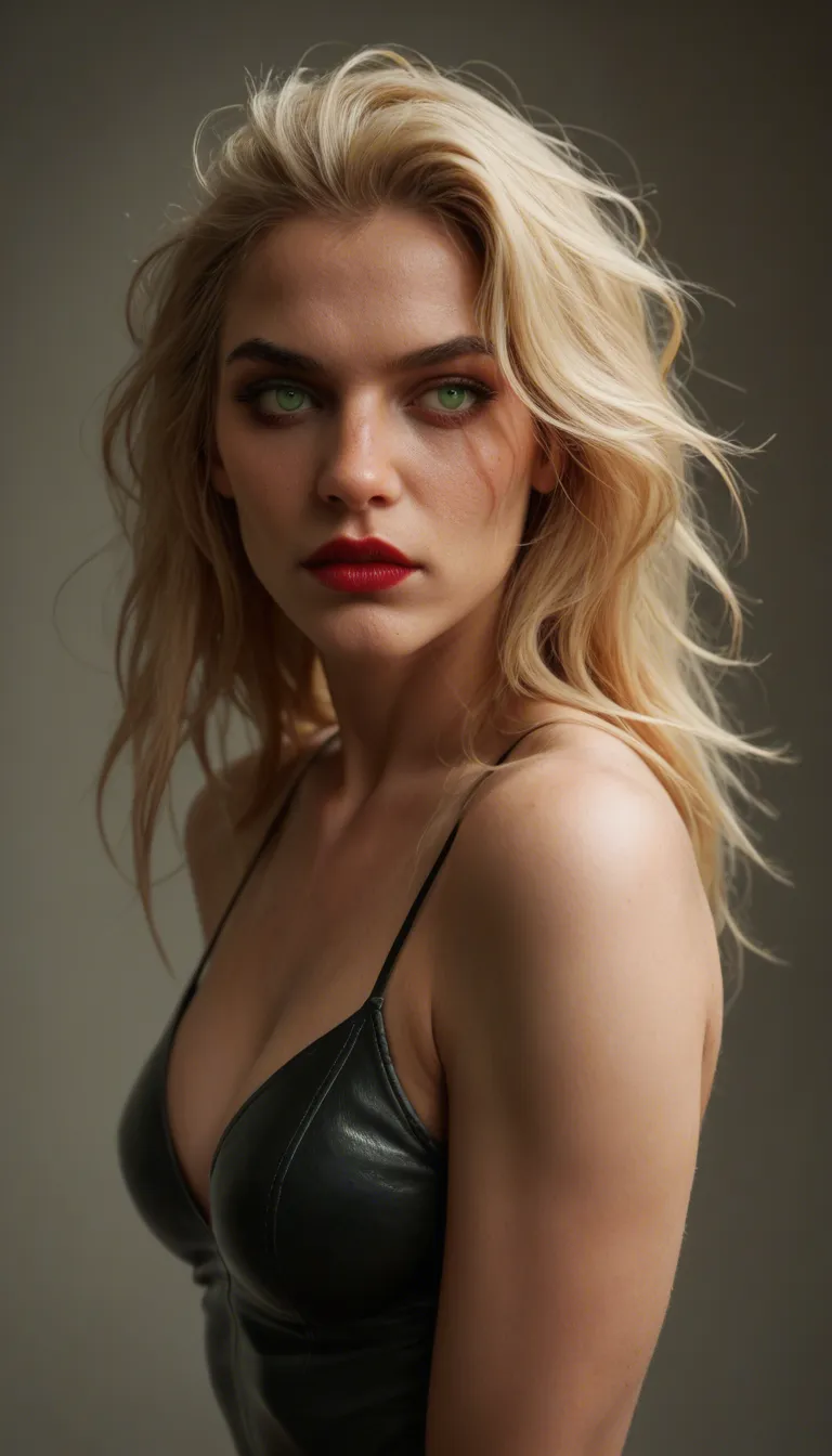 19 yo skinny blonde succubus with smoky green eyes and lipstick , long messy hair , gothic leather clothes, score_9, score_8, candid photo, realistic skin texture, visible skin pores, film grain, depth of field