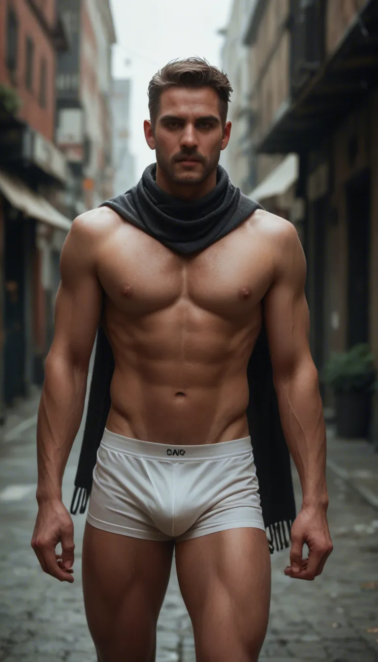 best quality, hyperrealistic, male focus, scarf, underwear, slow turn, bouncing breasts