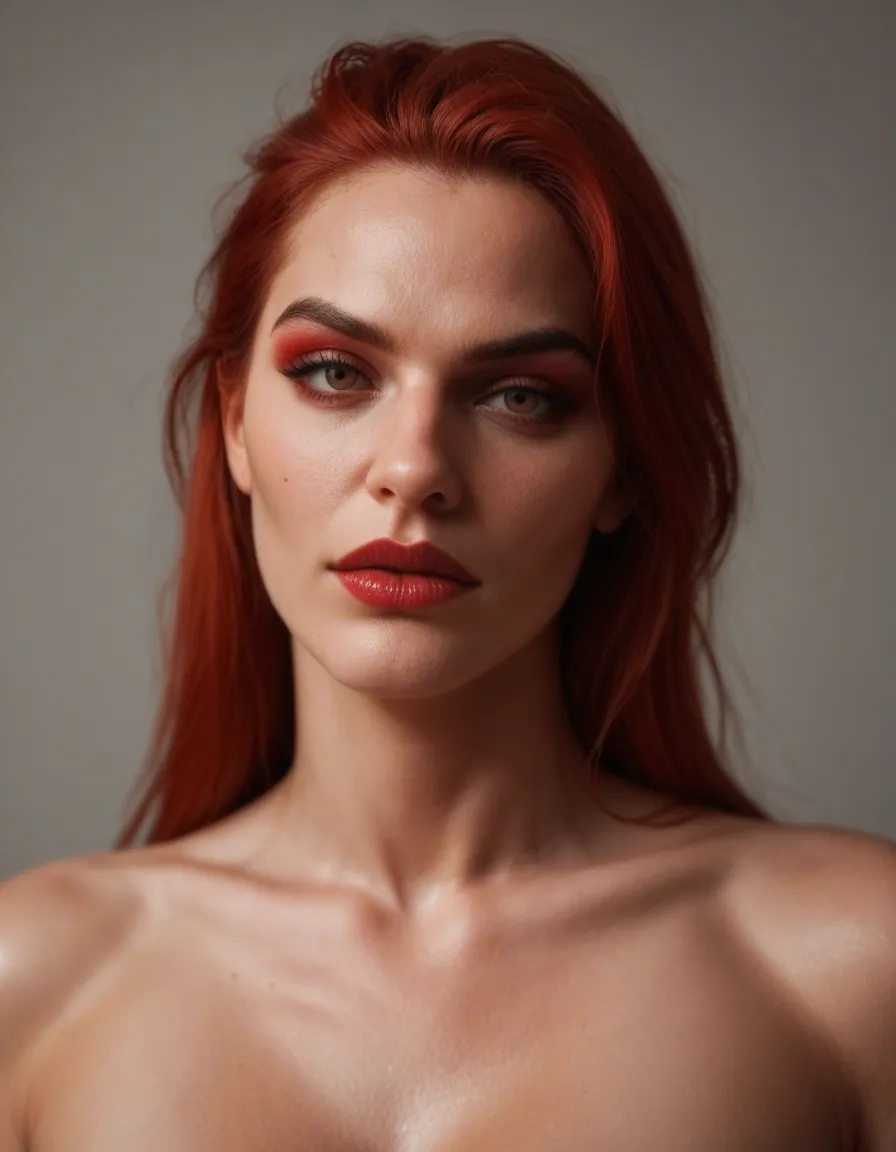 Red head mistress tell me what to do, score_9, score_8, candid photo, realistic skin texture, visible skin pores, film grain, depth of field