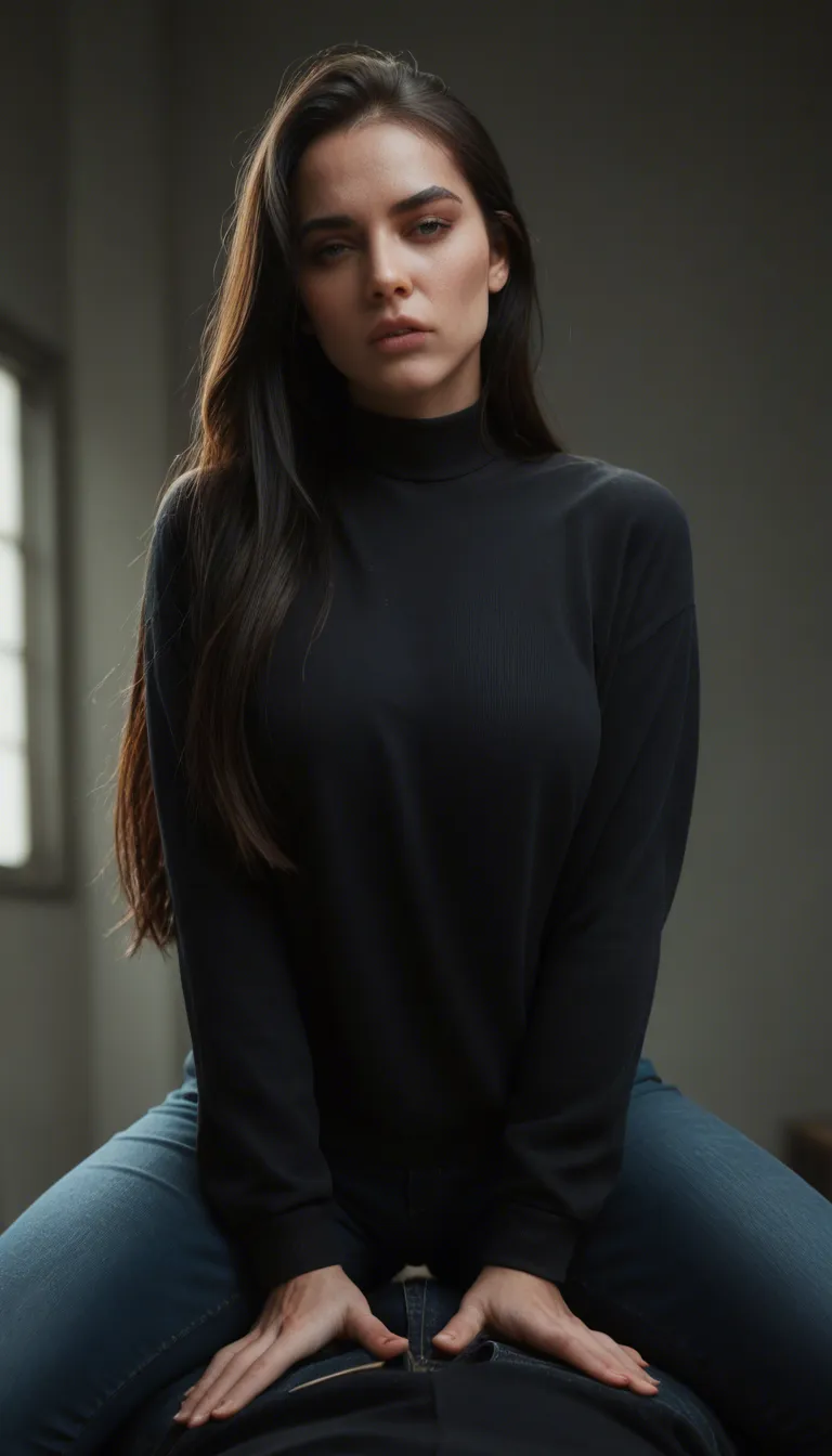 Tall European woman with black very long straight hair wearing dark blue trousers, black sweater, dark blue business jacket is having sex in cowgirl position