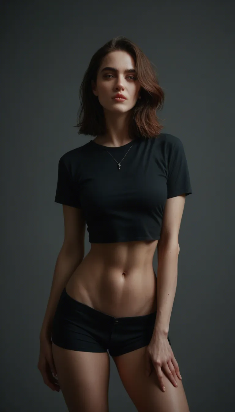 cinematic photo, 8k, succubus, medium hair, short sleeves, grinding, lifelike render. Showing belly button and slight pudge, extremely sexy.