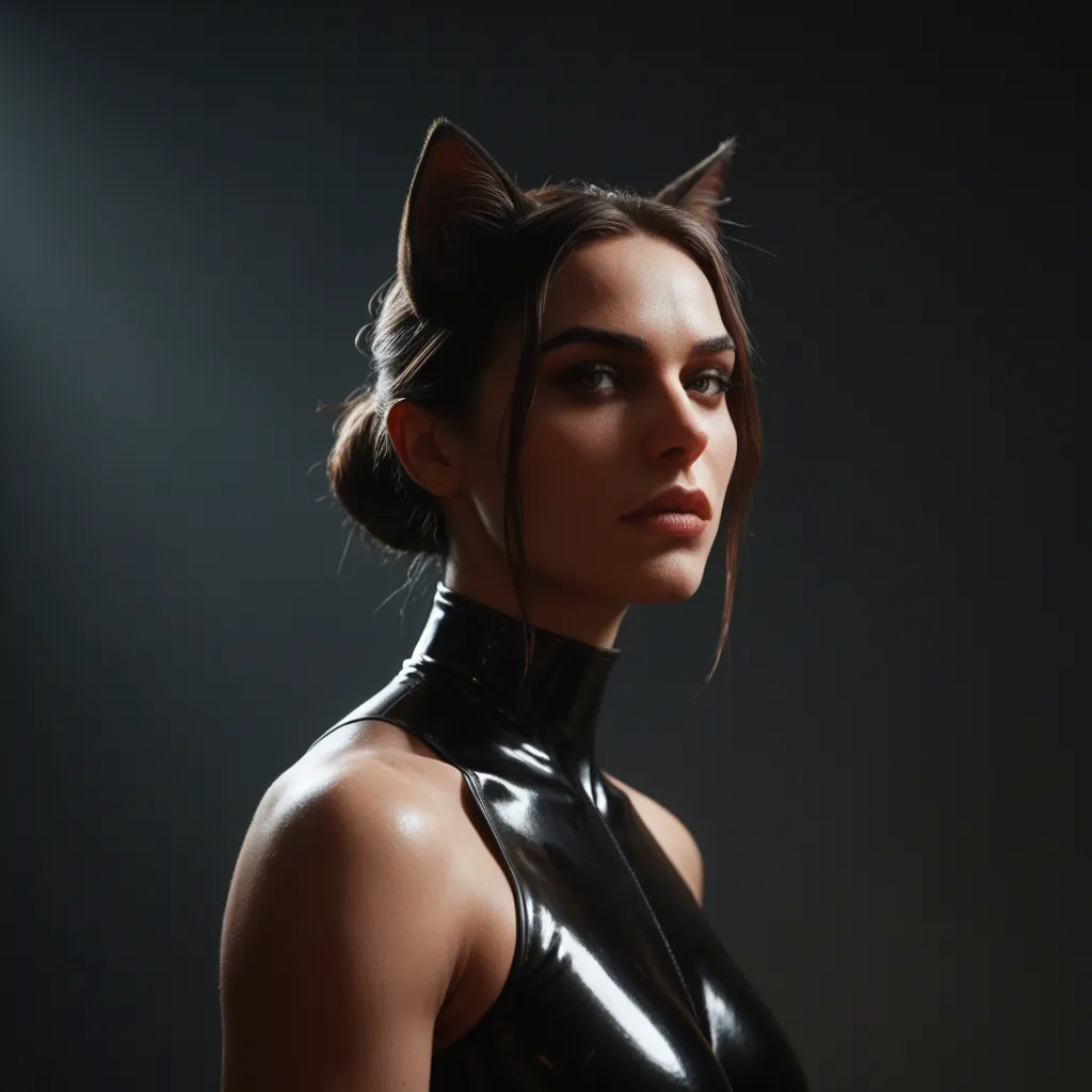 Dominatrix_outfit, femdom, latex #1girl, score_9, cat_ears, portrait, score_9, score_8, cinematic film still, anamorphic, film grain, dramatic lighting, shallow depth of field