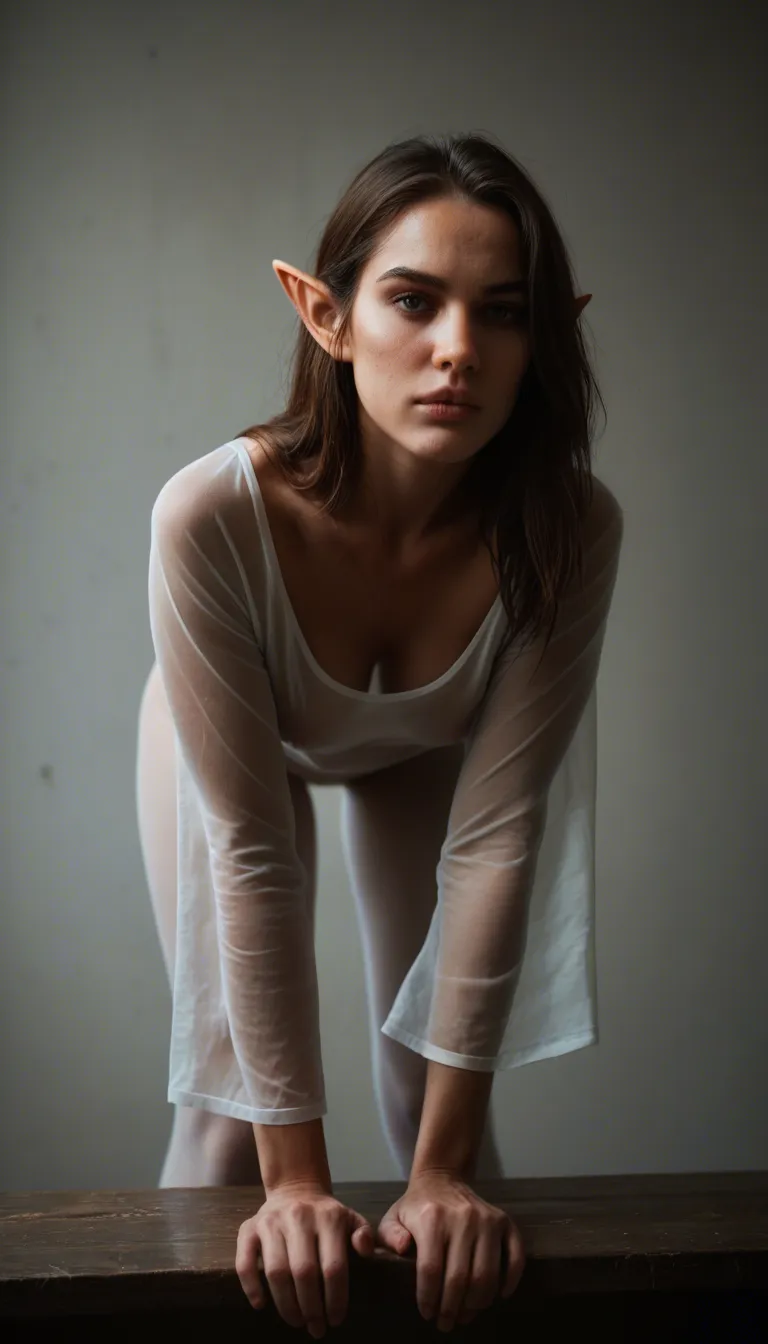 cinematic photo, 8k, solo focus, bent over, pointy ears, see-through_sleeves rent background, 8k uhd photo