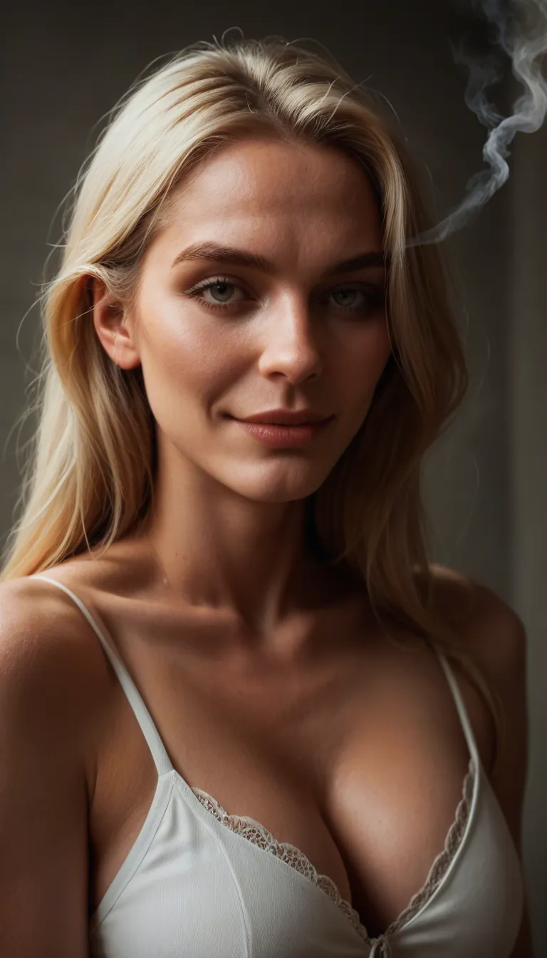 Blonde woman in her 30s smoking a cigarette smiling, gettng horny thinking of her jail time