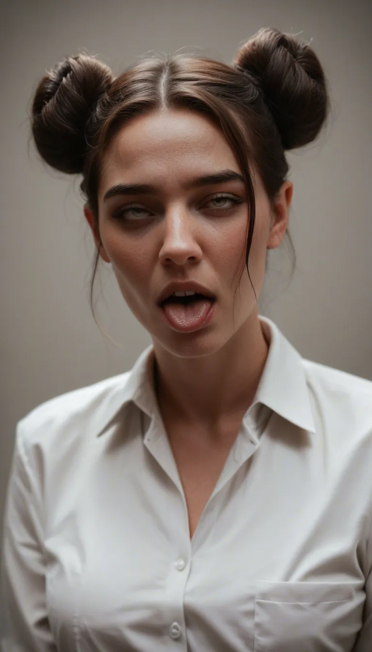 professional photo, high detail, solo focus, double bun, horns, ahegao, lifelike render