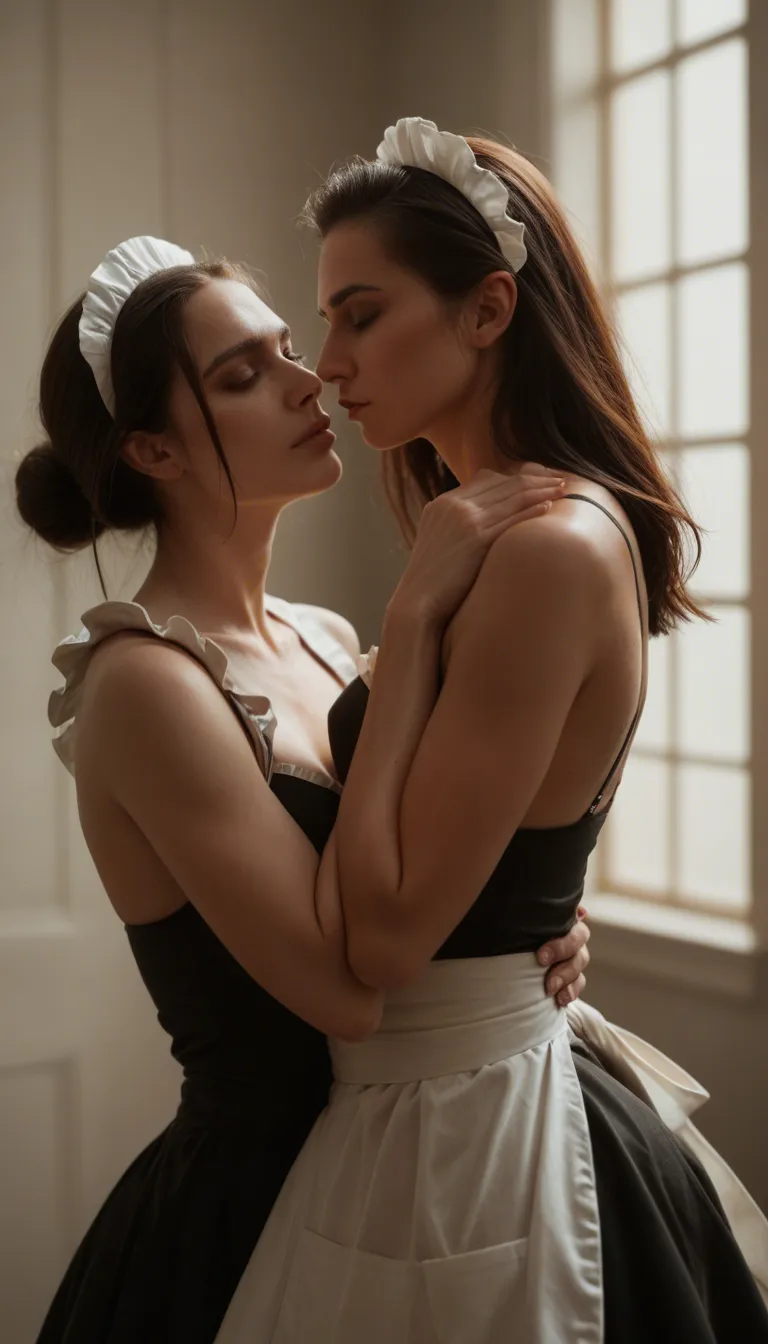 8k, sharp focus, detailed skin, maid, small breasts, embrace, arching back, 8k uhd photo
