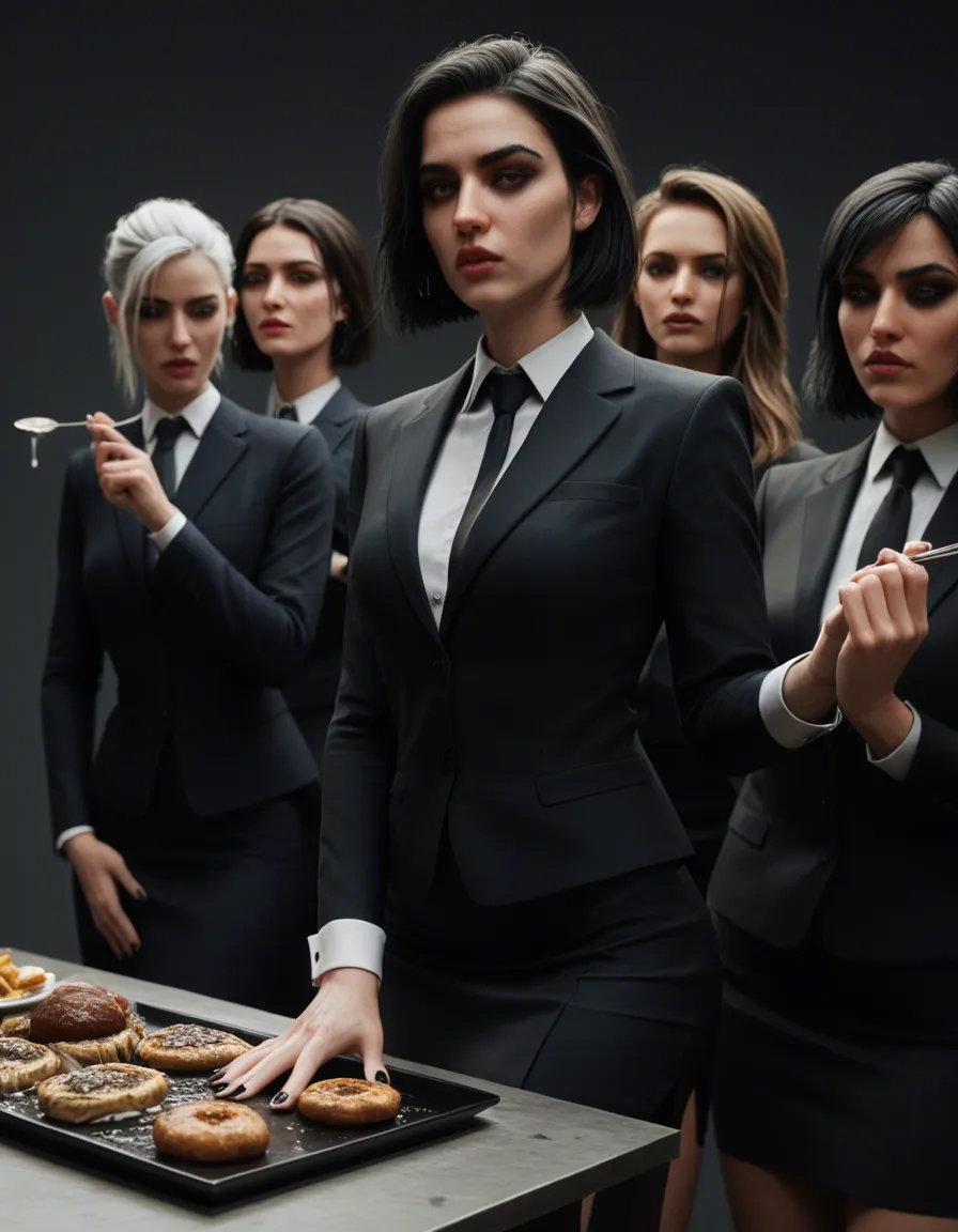 8k, sharp focus, detailed skin, 4girls, short hair, food, creampie, dslr quality, goth girl, business suit, tight skirt, wrist_cuffs, score_9, score_8, 3d render, octane render, subsurface scattering, ray tracing, smooth shading