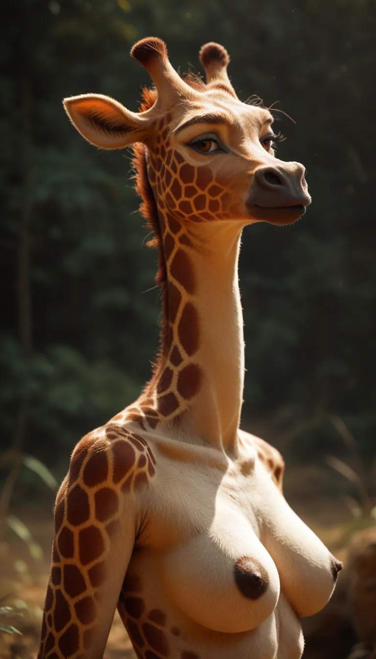dslr, film grain, photorealistic, medium shot, giraffe, furry, curvy, topless, sideboob, tender moment, natural skin texture