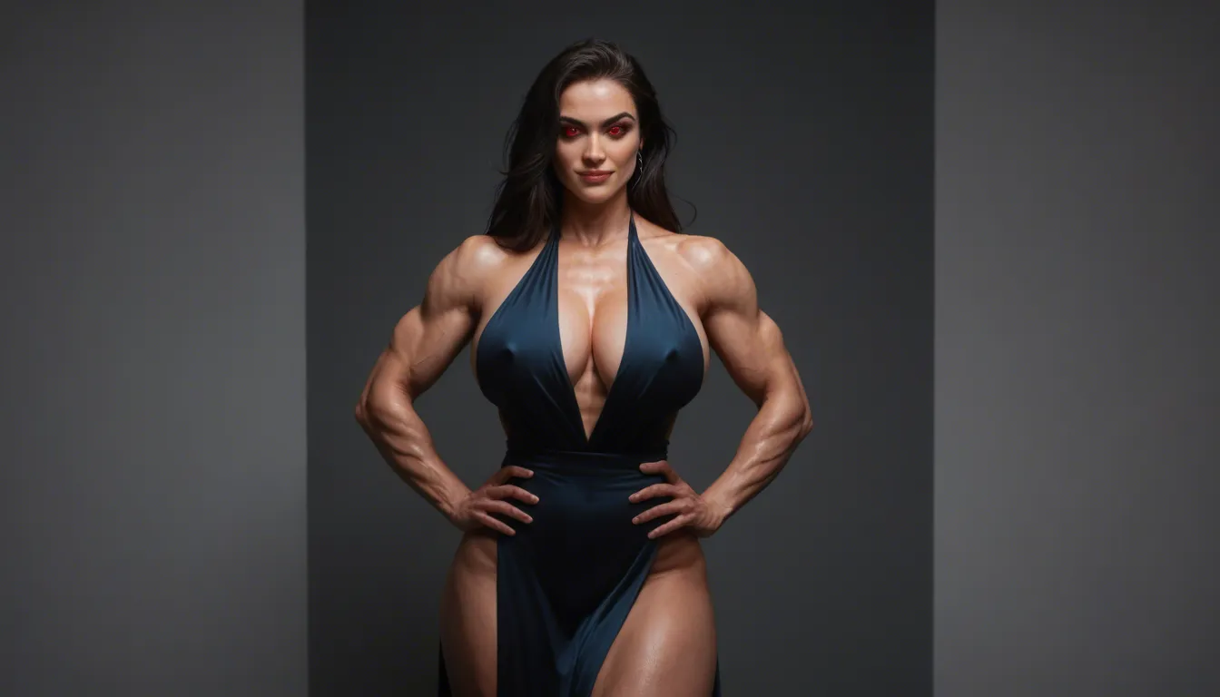 busty muscular woman huge breasts black snakes as hair black evening dress arching back hands on hips stand with one legs apart, almond red eyes evil smile big blue shoulder tattoos blue arm and forearm tattoos black stripes with daggers on thigh, fog dark castle