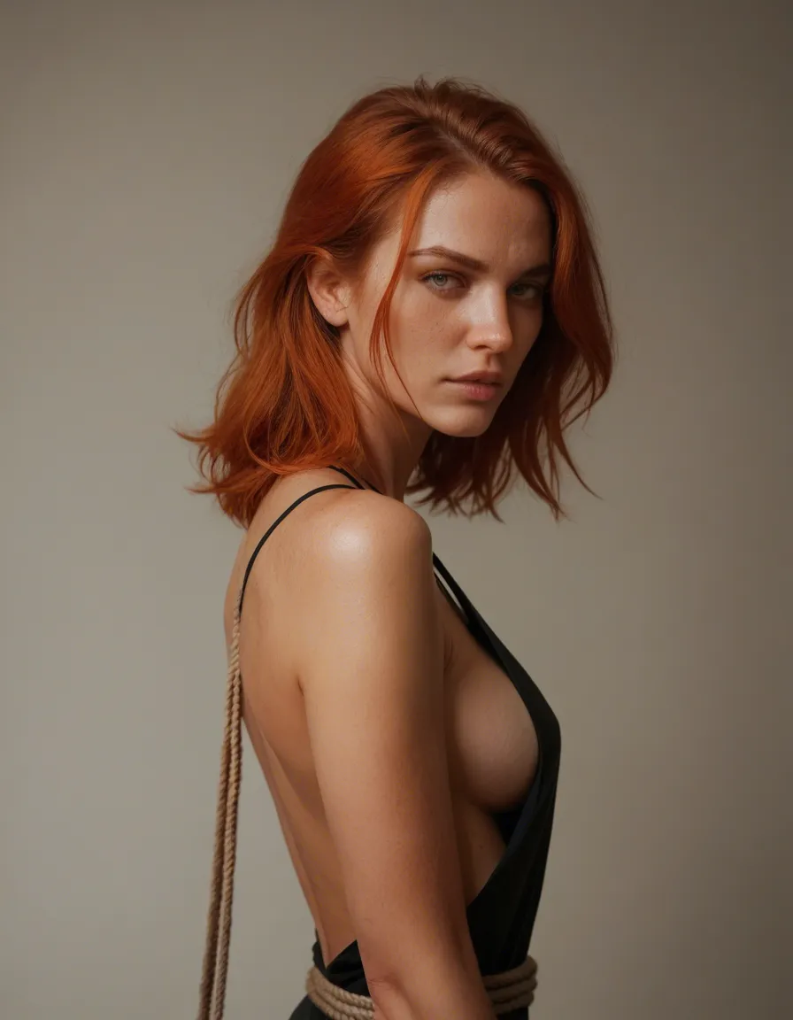 ultra HD, lifelike, redhead woman, bondage, sideboob, tender moment, RAW photo, score_9, score_8, candid photo, realistic skin texture, visible skin pores, film grain, depth of field