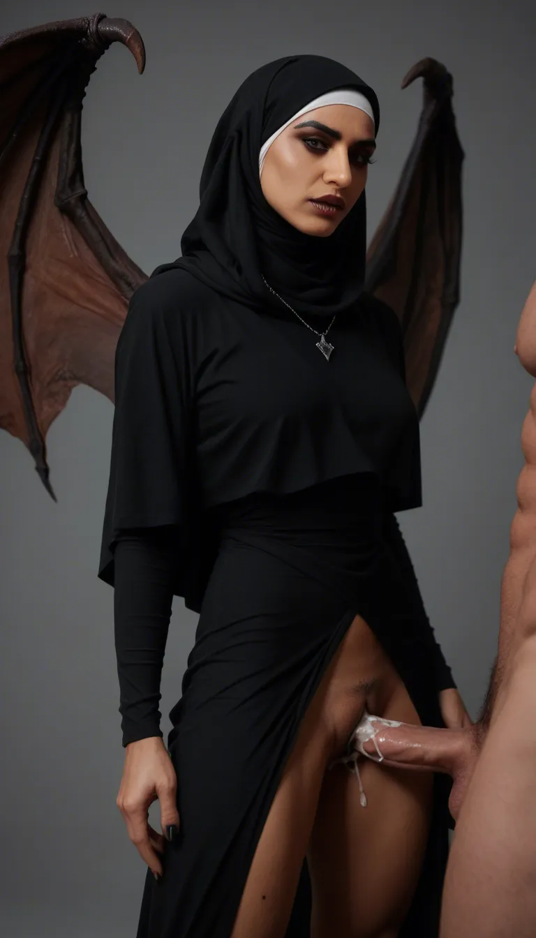 best quality, hyperrealistic, demon woman, wings, standing sex, volumetric light, lifelike render. Goth. Hijab. Creampie.