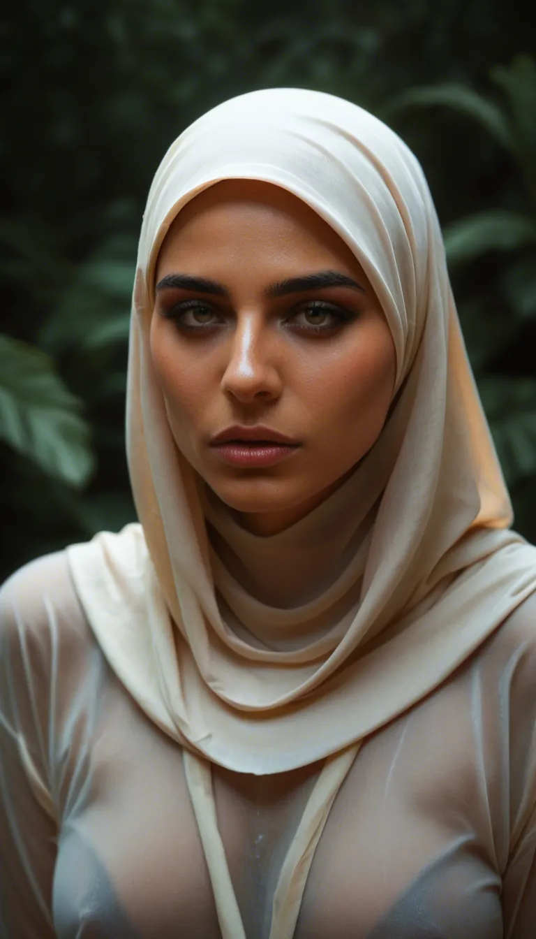 Beautiful woman in a hijab, swallows her tentacle, white thick slime