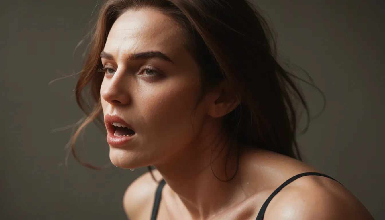A mature, middle-aged brunette Caucasian woman in her mid-40s with medium breasts and shorter hair is having an intense screaming orgasm while having vaginal sex from behind doggystyle with a tall, muscular black man. His penis is thrusting deep into her vagina and he's sliding his finger into her anus. She's wearing a (black ribbed tank top), (denim skirt hiked up), and (white panties pulled aside). Side view, photorealistic.