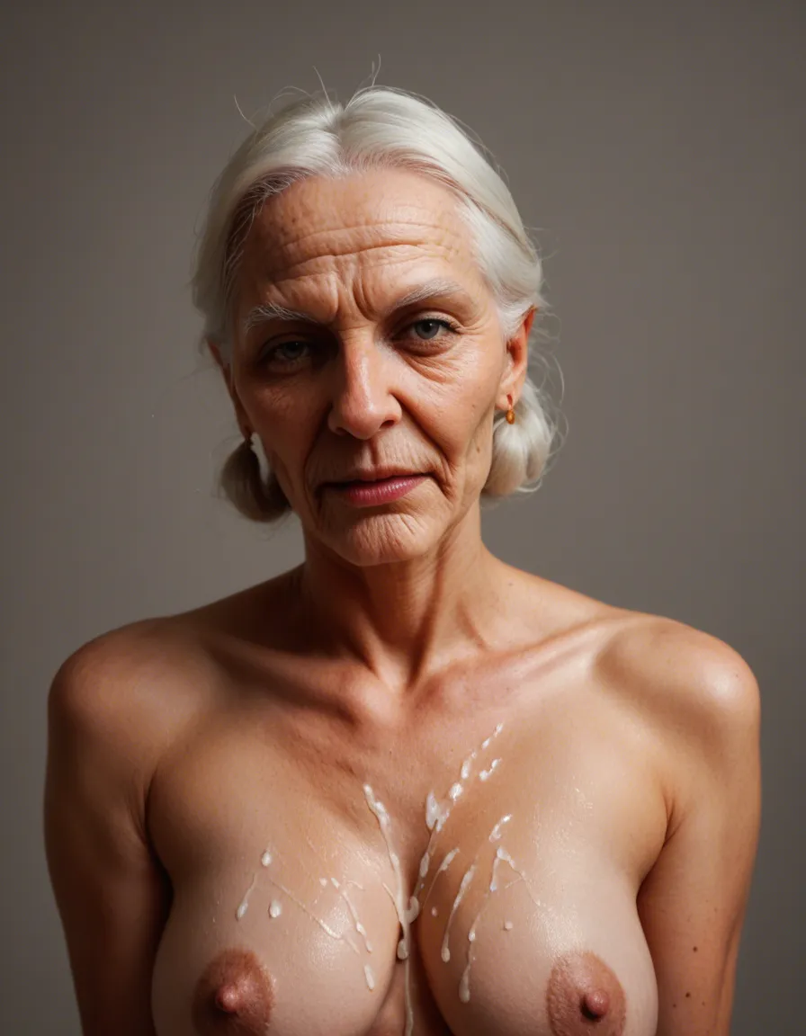 Fat naked granny covered in cum, score_9, score_8, candid photo, realistic skin texture, visible skin pores, film grain, depth of field