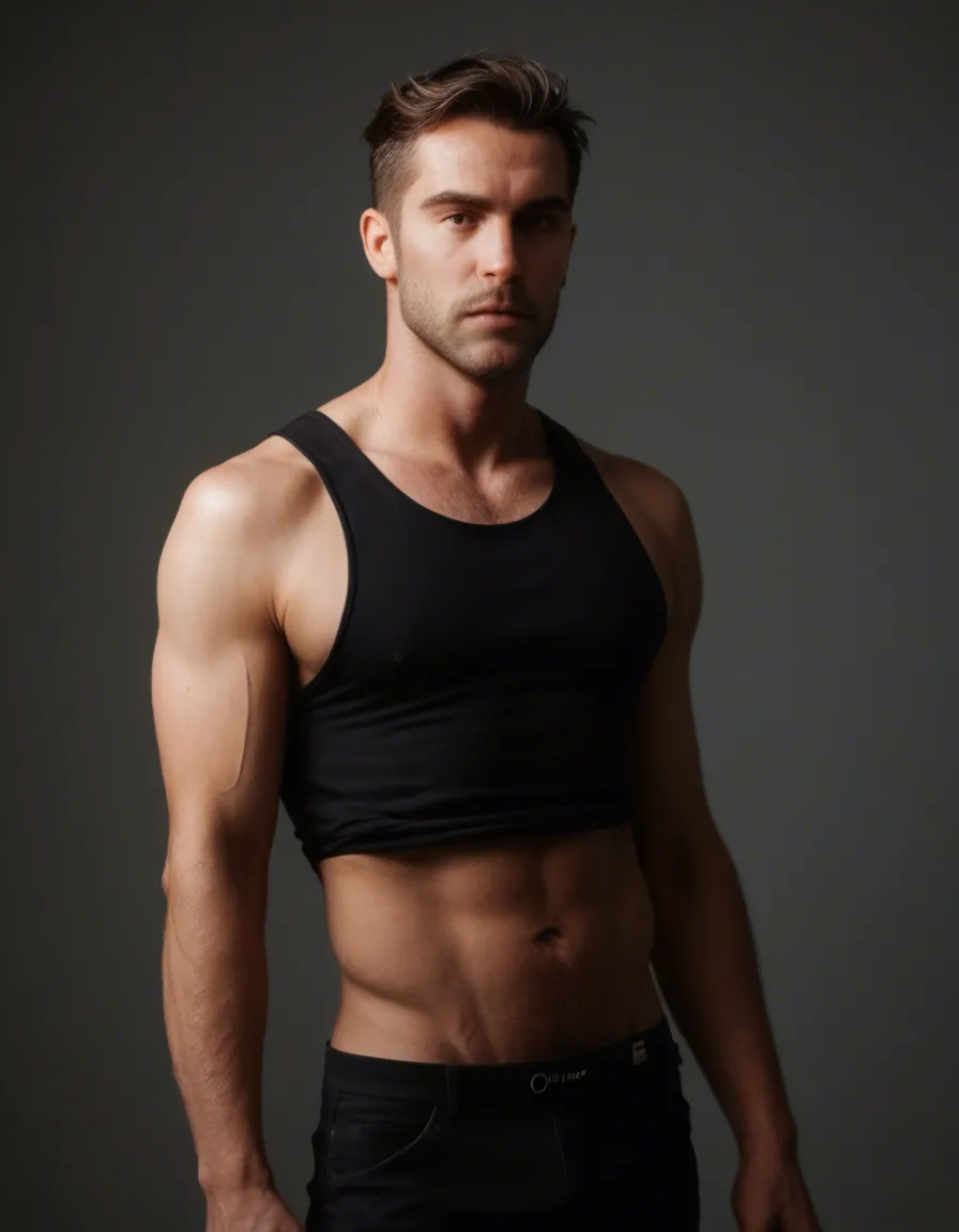 best quality, hyperrealistic, cowboy shot, male focus, blowjob, midriff, mysterious vibe, studio photo, score_9, score_8, candid photo, realistic skin texture, visible skin pores, film grain, depth of field