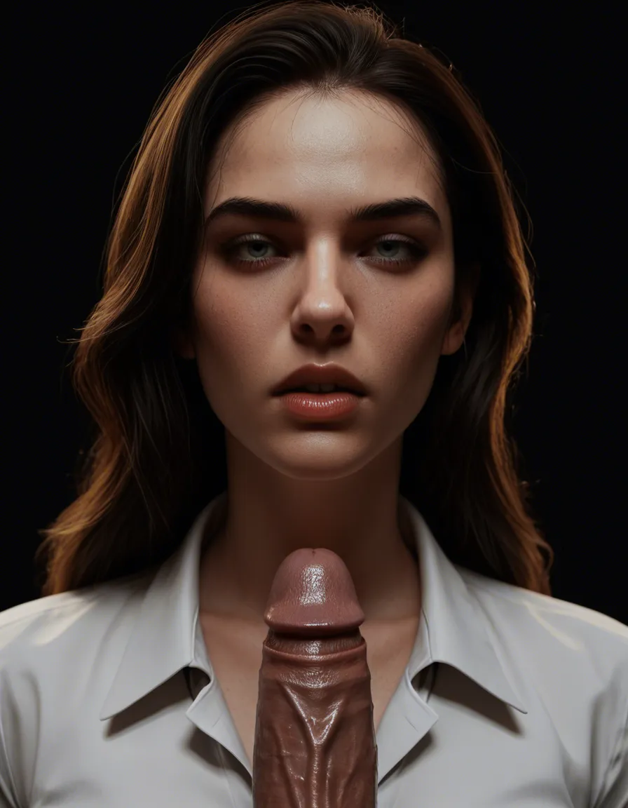 detailed textures, 8k, solo female, breasts, collared shirt, bondage, black background, 3D render penis, score_9, score_8, 3d render, octane render, subsurface scattering, ray tracing, smooth shading